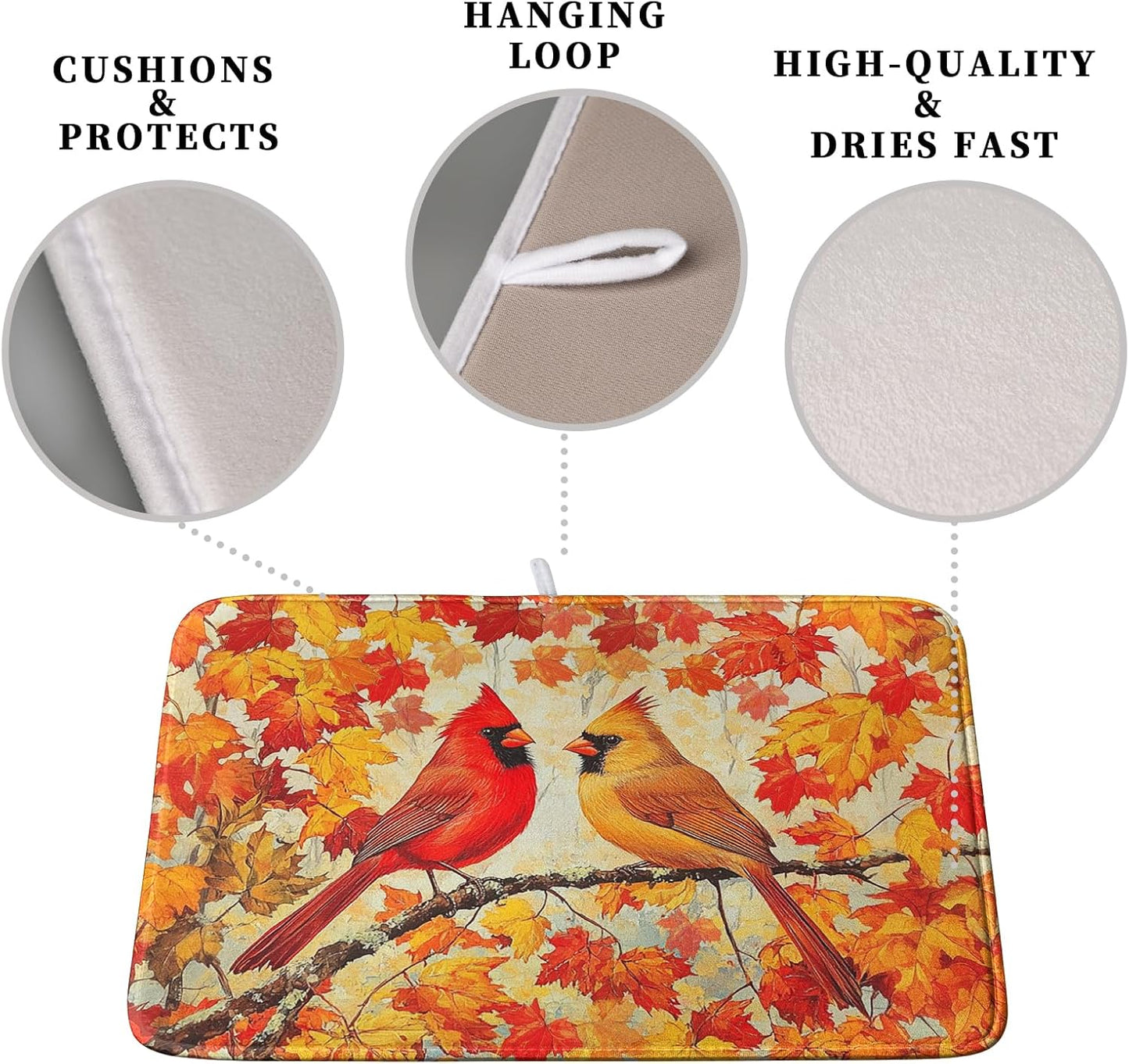 Fall Dish Drying Mats for Kitchen Counter Maple Leaf Cardinal Birds Dish Draining Mat 18x24 Inch Autumn Thanksgiving Dish Rack Mat Microfiber Absorbent Dish Drainer Pad