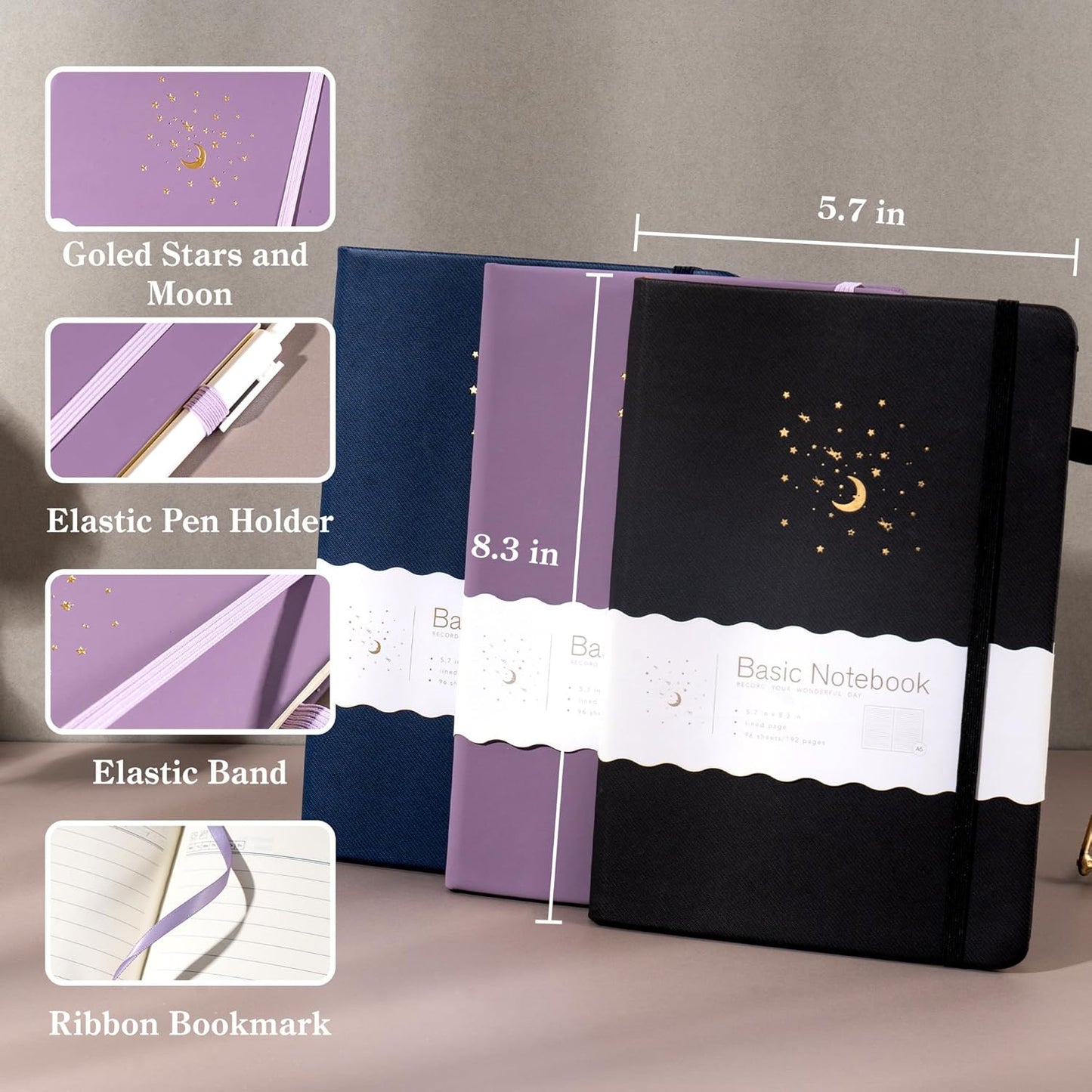 CAGIE 3 Pack Lined Journals Notebook for Work, Hardcover Journal Notebook for Women Men Journals for Writing Note Taking Diary, Black& Blue& Purple, 5.7" x 8.3"