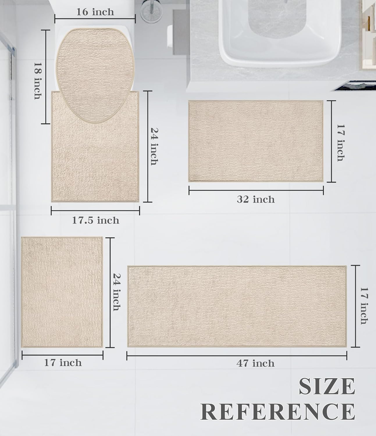 chakme Bathroom Rug Sets 5 Piece, Ultra Thin Bath Mat Quick Dry Bath Mat, Absorbent Bath Mats for Bathroom Non Slip Machine Washable, (Light Beige)