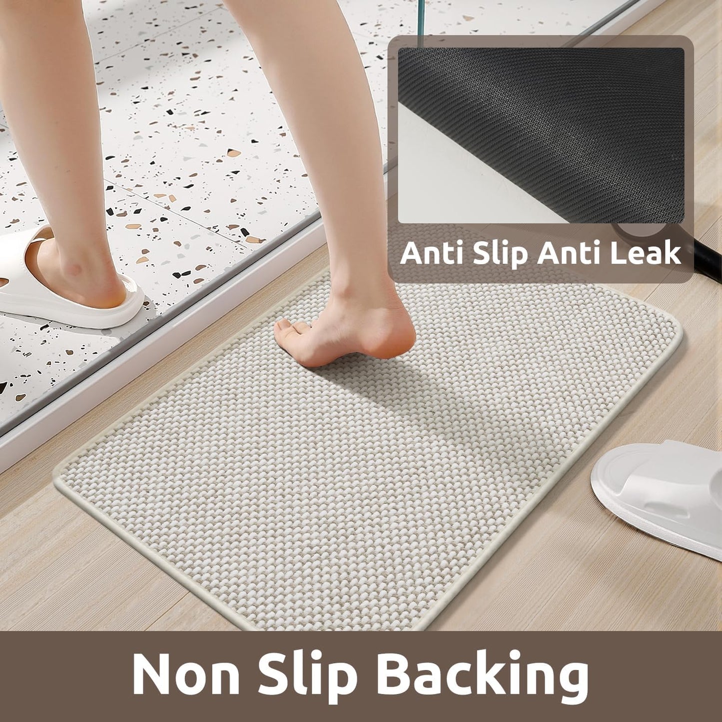 AMOAMI Chenille Bath Mat Super Absorbent Bathroom Mat Quick Dry Low Pile Bath Mats for Bathroom Washable Rubber Backed Bathroom Runners Fit Under Door, Front of Bathtub, Sink, Beige&White 17"x59"