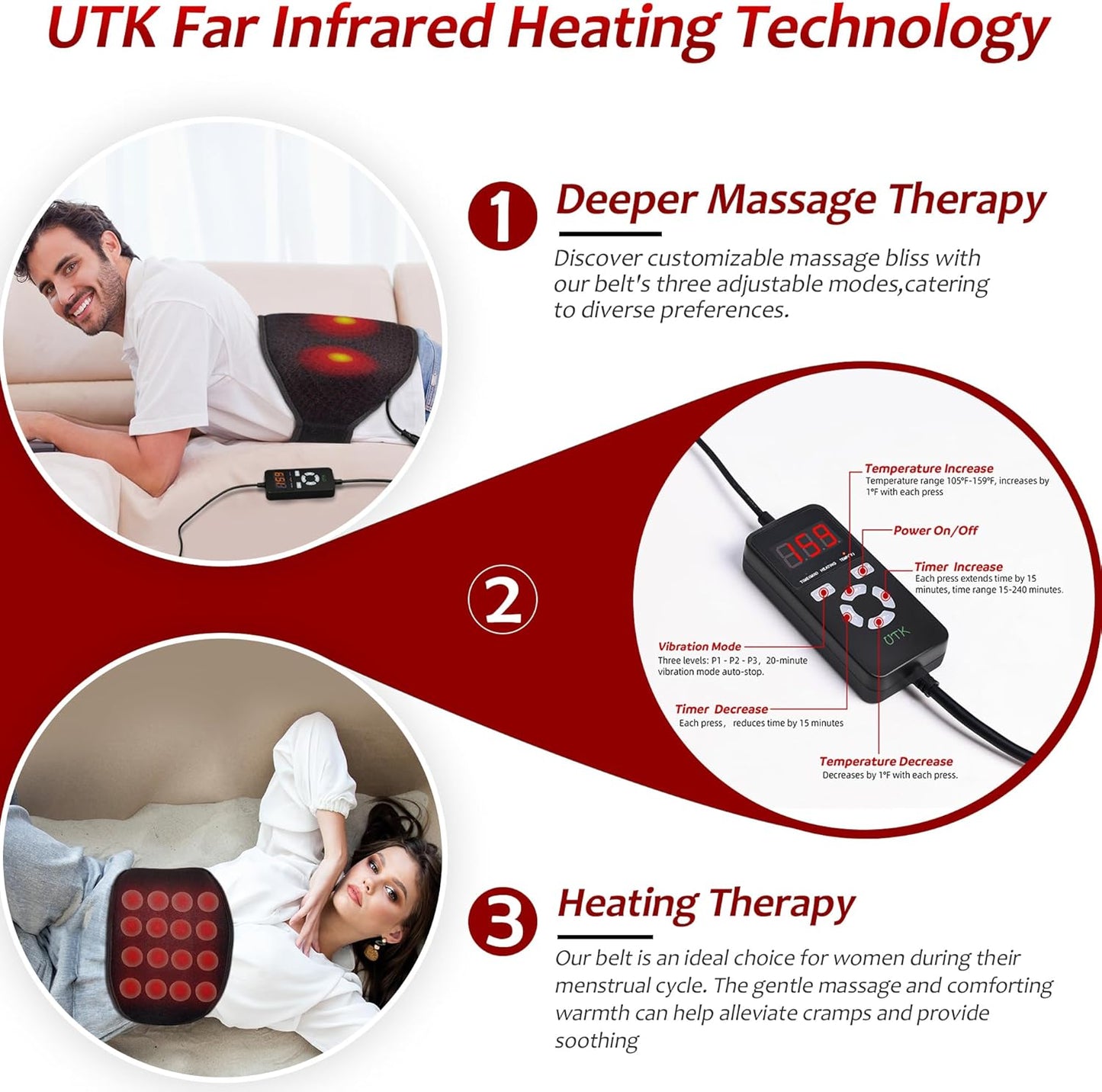 UTK Vibrating Far Infrared Heating Pad for Back Pain Relief, Hot to 159℉, Lower Back Massager Gift for Women Men, FSA-HSA Eligible, 3 Vibration, 16 Timers Auto-Off, 20 Jades, 35-55" Adjustable Size