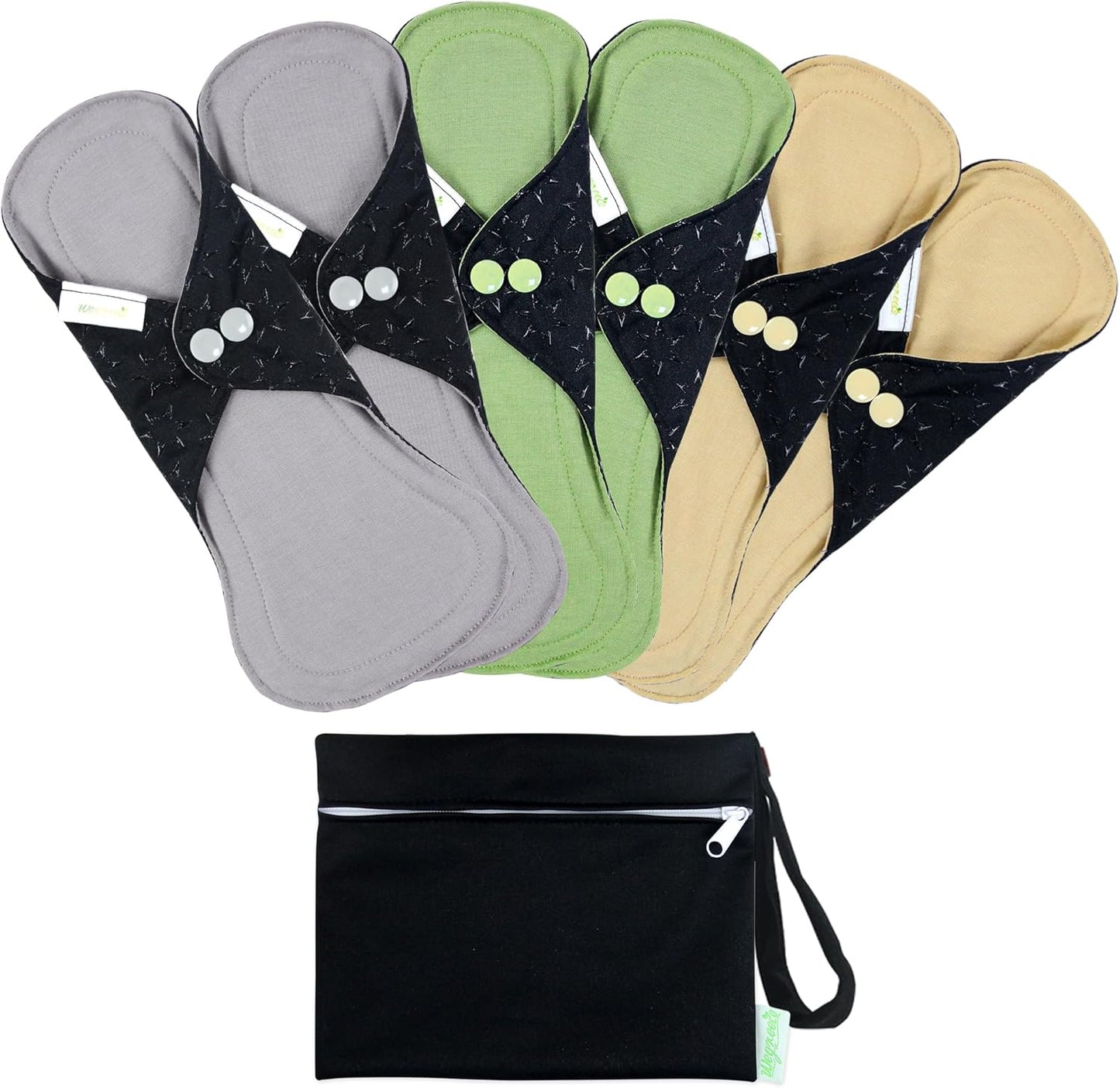 wegreeco 6 Pcs Reusable Menstrual Pads, Ultra Absorbent Cloth Pads for Period, Sanitary for Teens, Women, Nonslip Panty Liners + 1 Pc Wet Bag (Mustard Yellow, Grey, Beige, M)