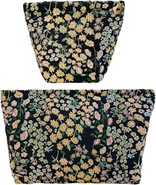 2 Pcs Makeup Bags, Large Cosmetic Bag Travel Toiletry Bag Organizer for Women, Embroidery Craft, Floral Makeup Bag Small Cosmetic Pouch Purse with Zipper Gifts for Girls Teen
