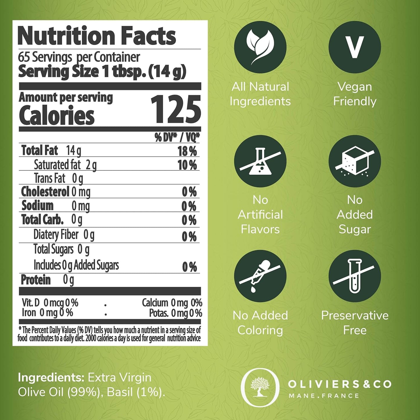 Fresh Basil Olive Oil by Oliviers & Co. | Cold Pressed Extra Virgin Olive Oil | Everyday and Cooking EVOO from Italy | Gourmet Flavored Oil in Tin Can | (33.6 Fl Oz, Fresh Basil)