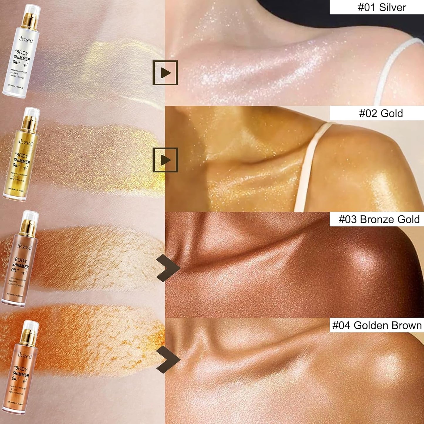 Shimmer Oil 100ml, Moisturizing Long Lasting Body Luminizer Face Brighten, Waterproof Liquid Illuminator Glow, Glitter Oil Highlighter Summer Glowing Makeup (#03 Bronze Gold)
