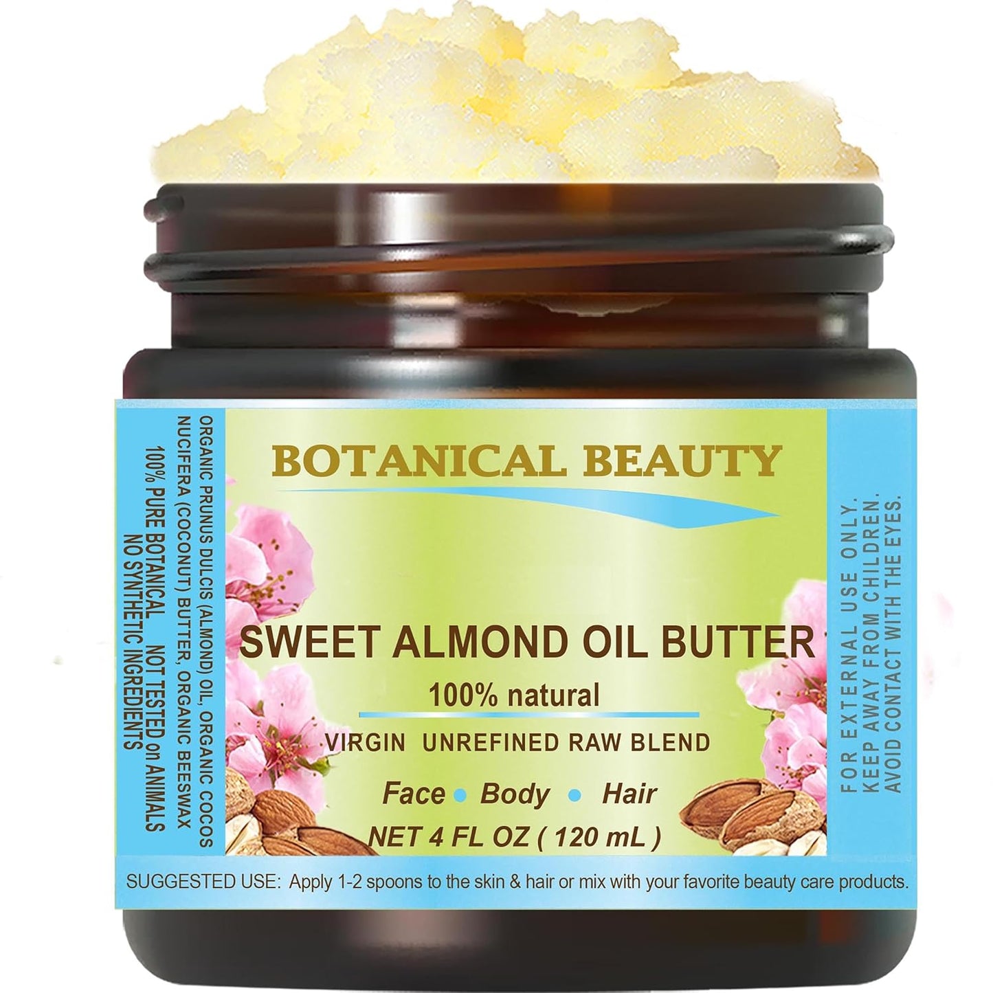 Botanical Beauty SWEET ALMOND OIL BUTTER Pure Natural Virgin Unrefined RAW for FACE, SKIN, BODY, DAMAGED HAIR, NAILS. (4 Fl Oz)