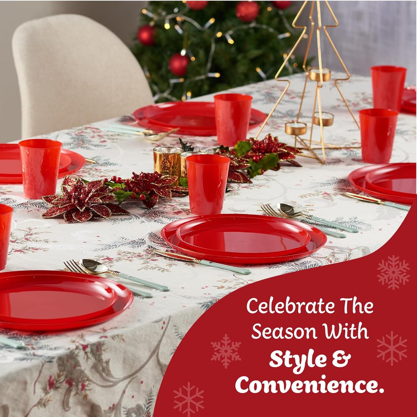 PLASTICPRO 30 Pack 8.6'' Christmass Red Plastic Party Plates Edge Collection Premium heavyweight Elegant Disposable Tableware Dishes