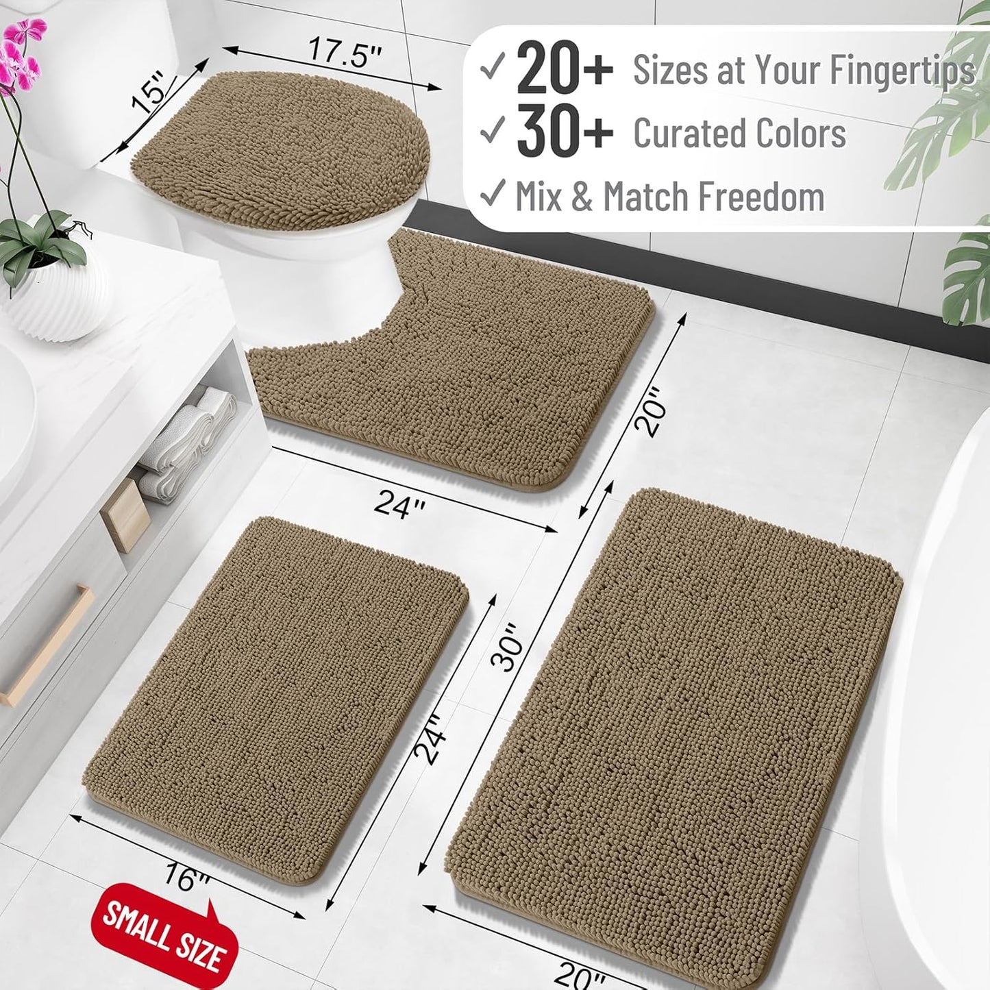 OLANLY Bathroom Rugs 24x16, Extra Soft Absorbent Chenille Bath Rugs, Rubber Backing Quick Dry, Machine Washable Bath Mats for Bathroom Floor, Tub and Shower, Home Decor Accessories, Tan
