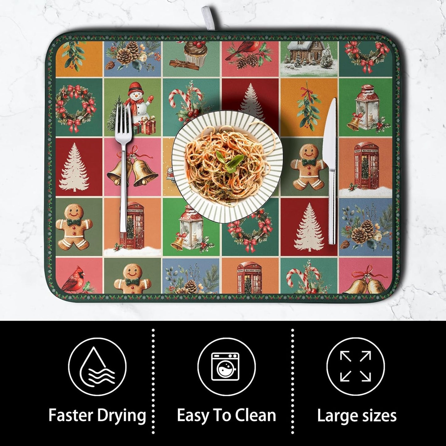 Christmas Dish Drying Mats for Kitchen Counter Cute Xmas Holiday Dish Drainer Pad Microfiber Absorbent Winter Dish Draining Mat Washable Dish Drainer Rack Mat Medium 16x18 Inch