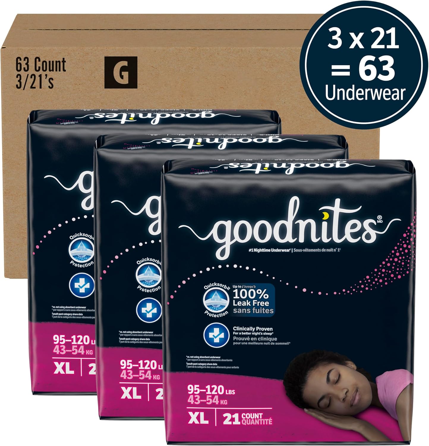 Goodnites Girls' Nighttime Bedwetting Underwear, Size Extra Large (95-120 lbs), 63 Ct (3 Packs of 21), Packaging May Vary