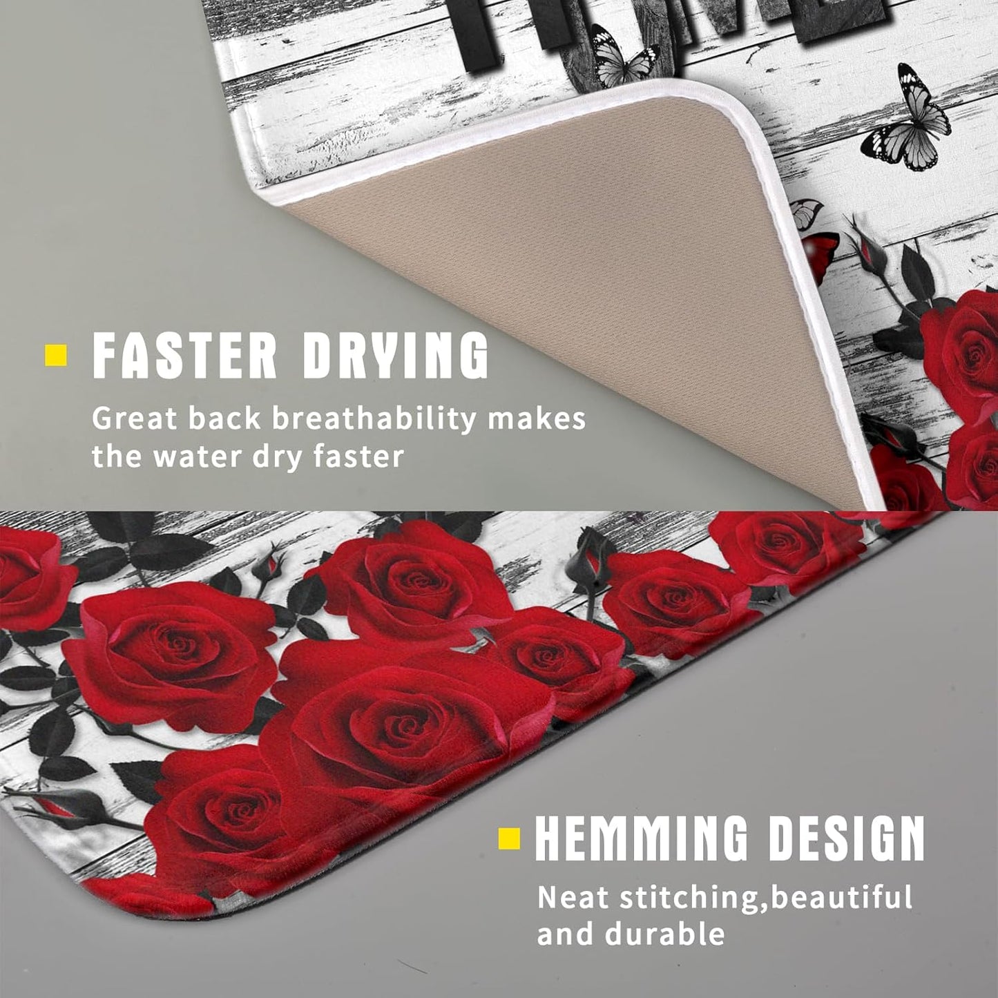 Red Rose Dish Drying Mat 16x18 inch Romantic Floral Absorbent Microfiber Sink Counter Dishware Drainer Pad for Kitchen Coffee Bar Decor