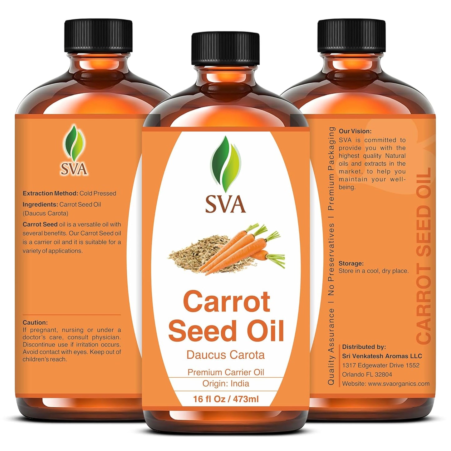 SVA Carrot Seed Oil - 16 Fl Oz – 100% Natural Cold Pressed Carrot Oil - for Face, Skin Care, Hair Care, Scalp Massage & Body Massage – Carrier Oil