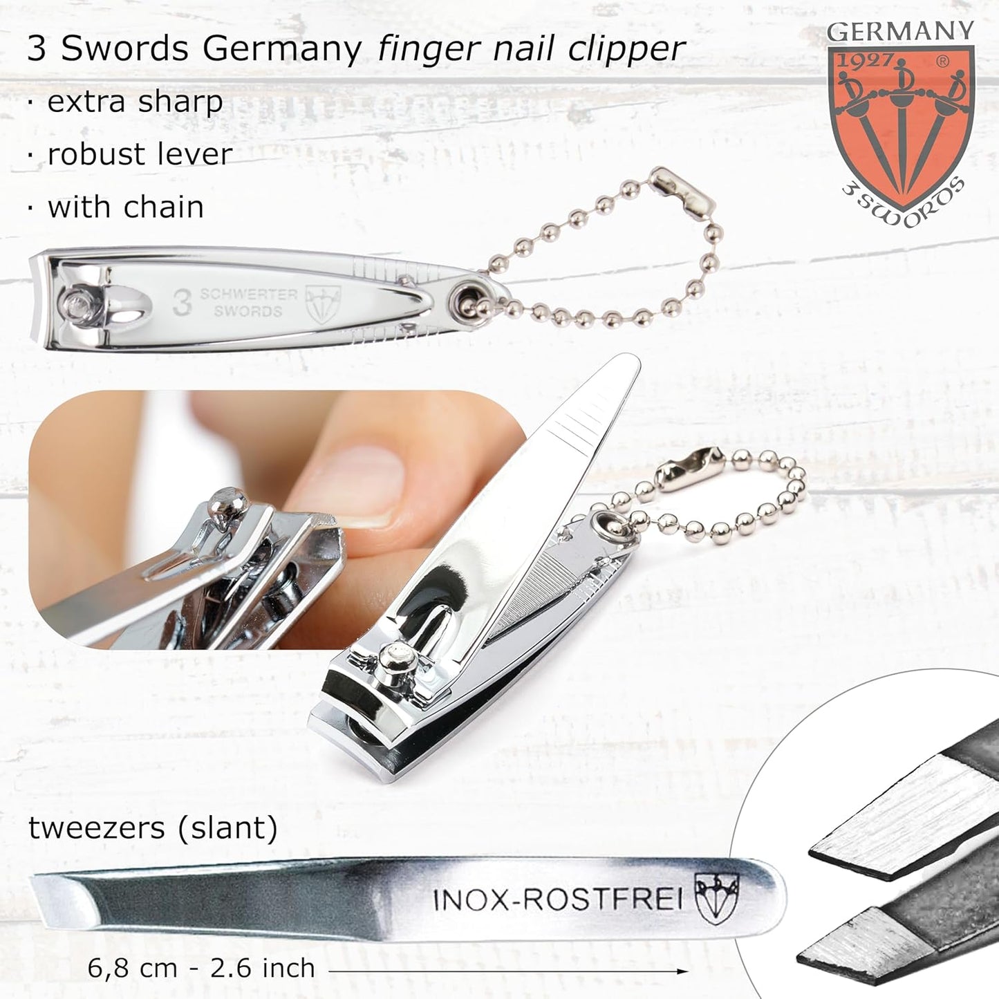 3 Swords Germany - Brand Quality 6 Piece Manicure Pedicure Grooming kit Set - Scissors, Metal and Glass Nail File, Clipper, Tweezers with Synthetic Leather case - Brown