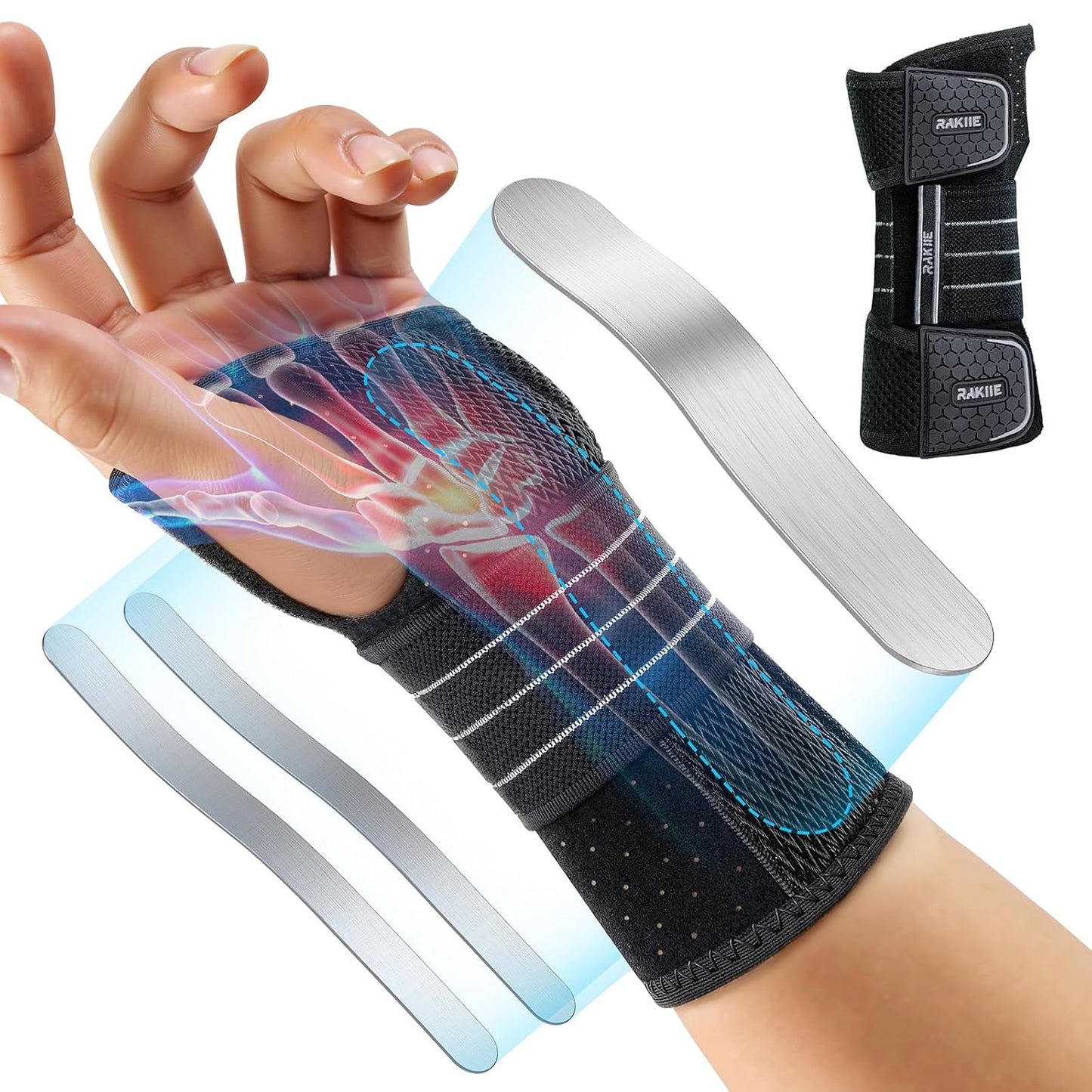 Carpal Tunnel Wrist Brace, Adjustable Night Wrist Support with 3 Metal Splints, Hand Brace for Men Women No Pressure on Thumb, Splint Stabilizer for Work, Gray Left Hand, Size M
