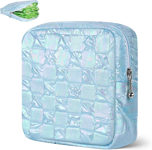 Desing Wish Sanitary Napkin Storage Bag Polyester Fabric Period Bag for Teen Girls Sanitary Pad Pouch for Sanitary Napkins/Tampons/Panty Liners Privacy Protector Pad Bag (Bubble-Check, Blue)
