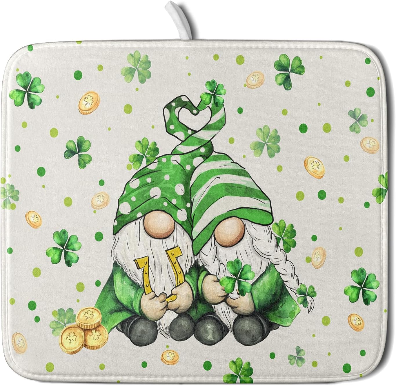 St Patrick's Day Gnome Dish Drying Mat 16x18 inch Lucky Shamrock Absorbent Reversible Dishes Drainer Rack Mat for Coffee Bar Kitchen Decor
