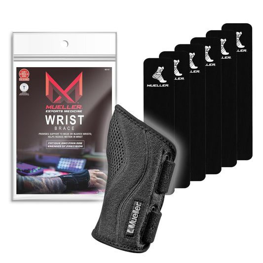 MUELLER Esports Medicine Fitted Wrist Brace for Men and Women, Wrist Pain Relief Support, 6 KTape Strips Included, Ideal for Gamer's, Carpal Tunnel, Tendonitis, Arthritis, Left Hand, Black, One Size