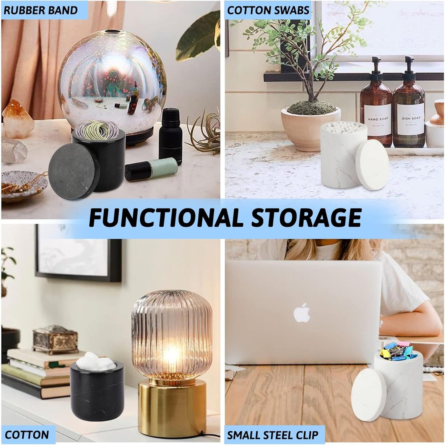 WORHE Marble Canister with Lid Natural Qtip Holder for Cotton Swabs, Balls, Pads, Floss Picks, Bath Salts - Vanity Makeup Storage Organizer Bathroom Essentials Accessories Decor White (DL011)