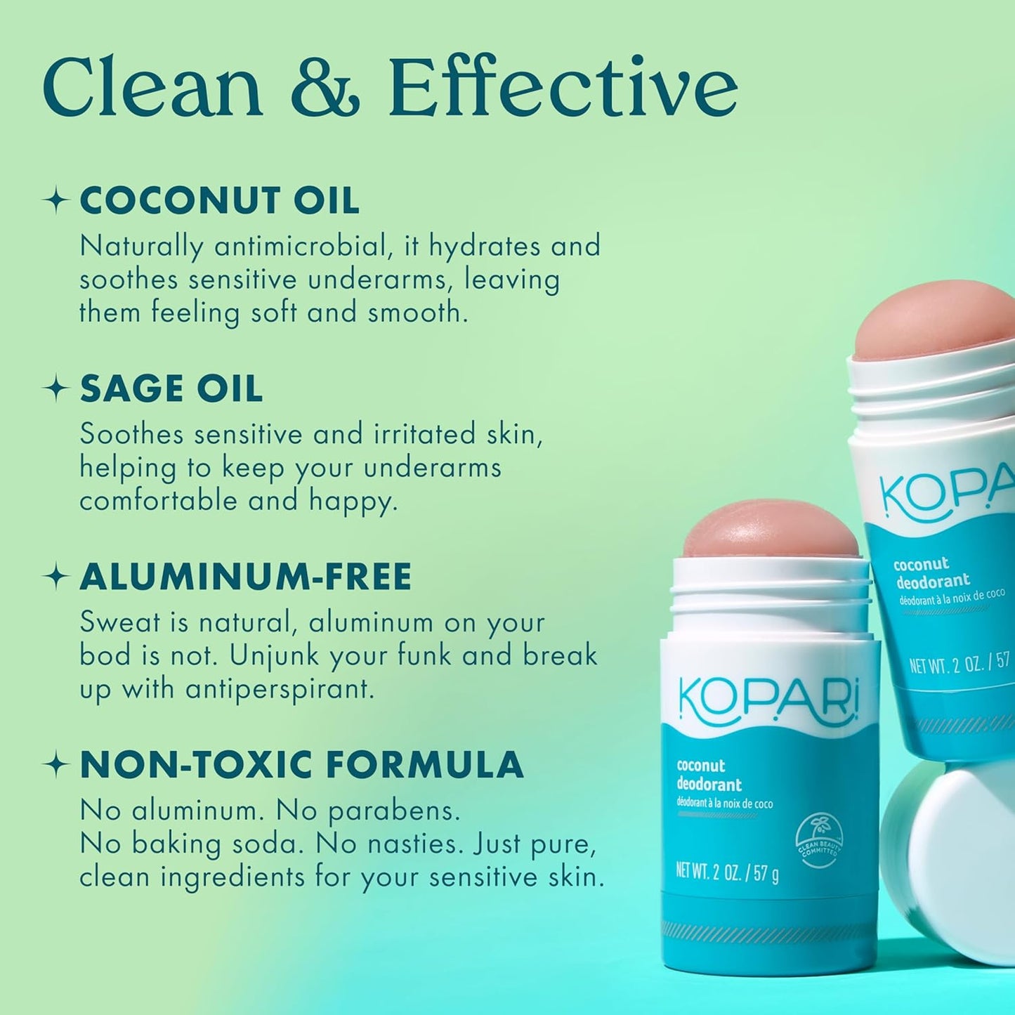 Kopari Aluminum Free Coconut Deodorant, Non Toxic & Clean Plant-Based, No Aluminum, Parabens or Baking Soda, Long Lasting Protection, Charcoal 2 Pack