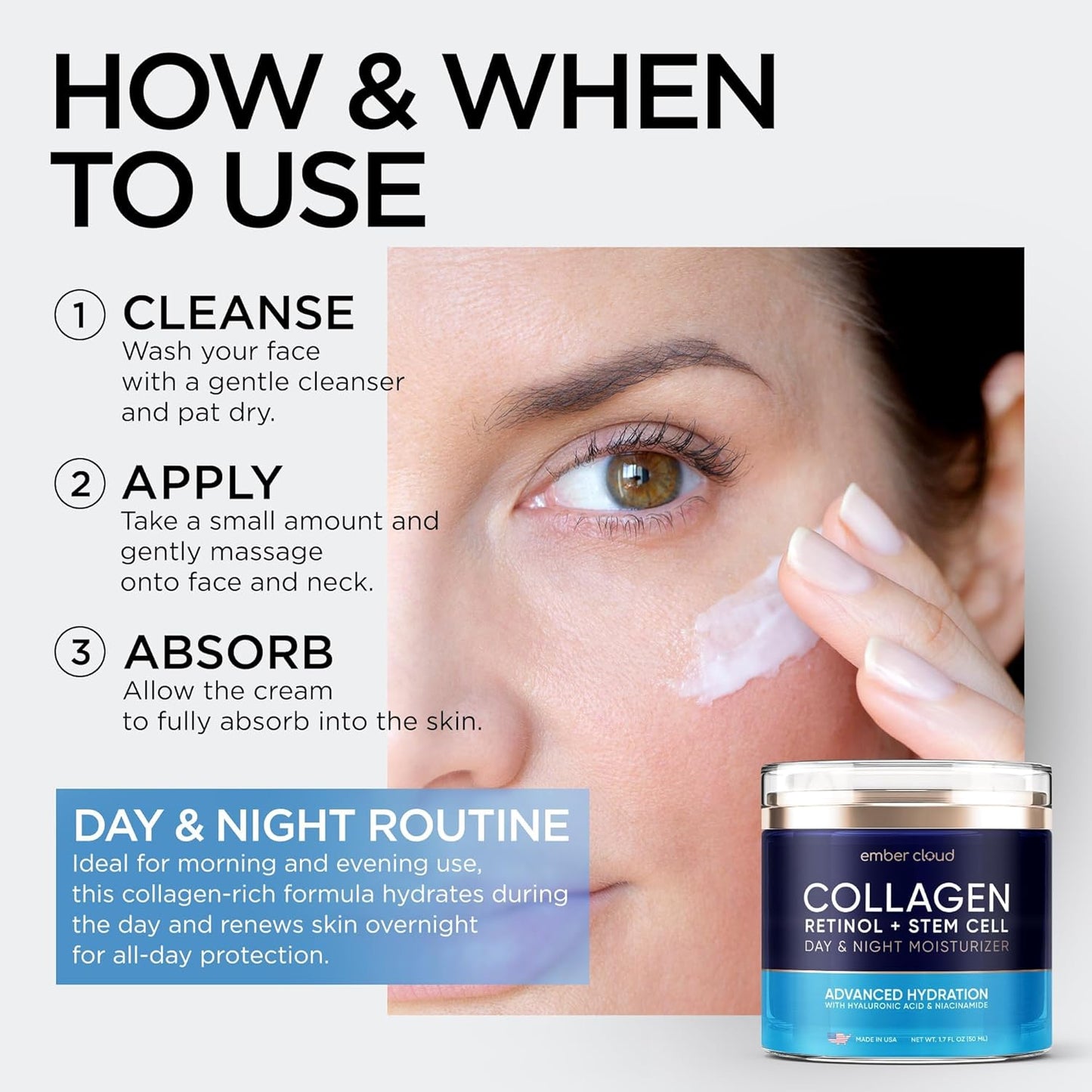 Collagen Face Cream with Stem Cells Retinol Hyaluronic Acid Niacinamide for All Skin Types - Anti-Aging Face Moisturizer with Airless Pump - Day & Night Cream for Wrinkles - Made in USA 1.7 Oz