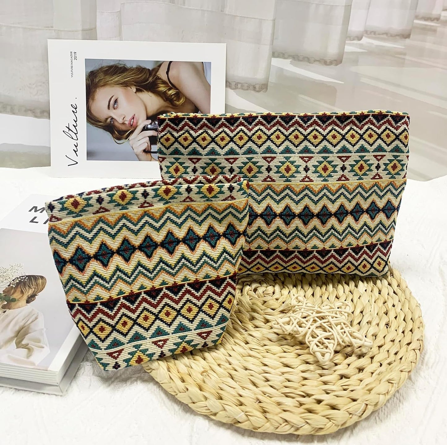 2 Pcs Makeup Bags, Large Cosmetic Bag Travel Toiletry Bag Organizer for Women, Embroidery Craft, Stripe Makeup Bag Small Cosmetic Pouch Purse with Zipper Gifts for Girls Teen