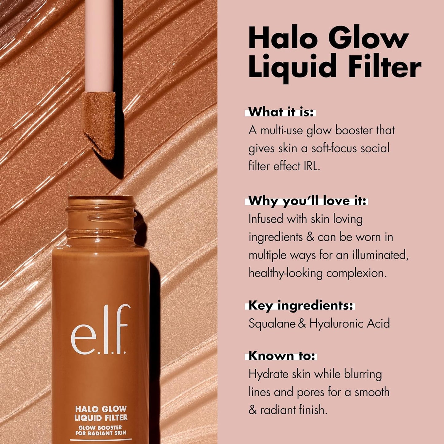 e.l.f. Halo Glow Liquid Filter, Complexion Booster For A Glowing, Soft-Focus Look, Infused With Hyaluronic Acid, Vegan & Cruelty-Free, 6 Tan/Deep