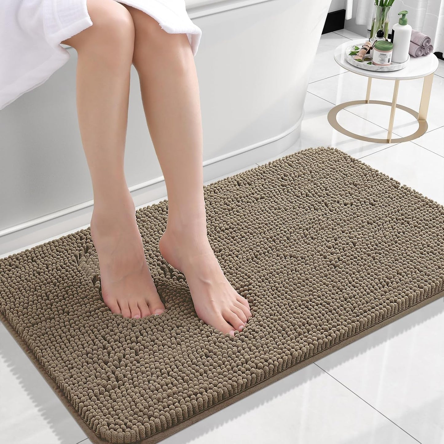 OLANLY Bathroom Rugs 24x16, Extra Soft Absorbent Chenille Bath Rugs, Rubber Backing Quick Dry, Machine Washable Bath Mats for Bathroom Floor, Tub and Shower, Home Decor Accessories, Tan