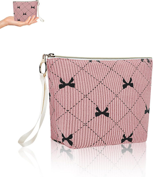 Bow Period Bag for Teen Girls, Corduroy Cute Sanitary Napkin Storage Bag with Wristlet, Menstrual Pad Pouch Tampon Holder for Backpack (Pink)