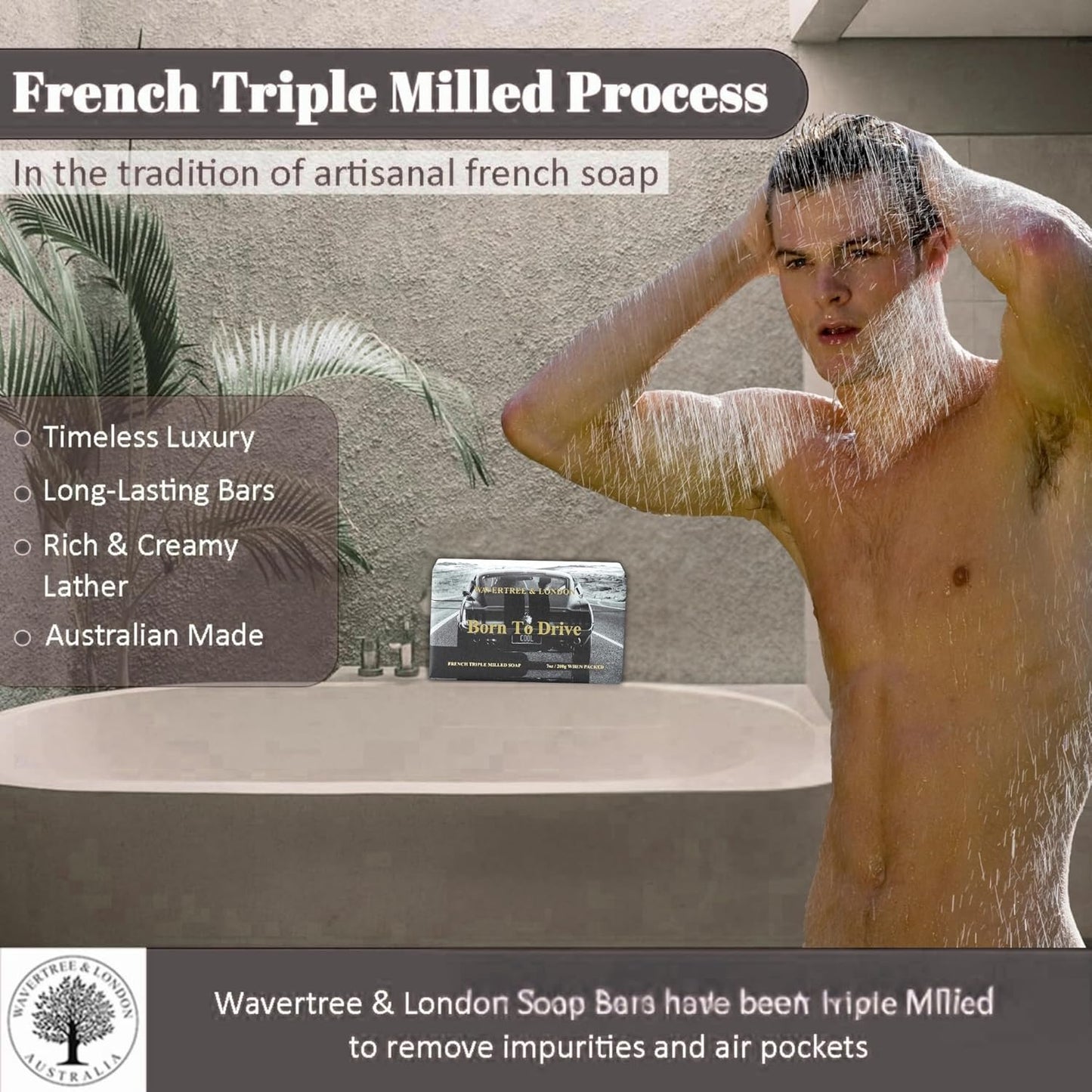 Wavertree & London Born To Drive Scented Natural Soap Bar, 7oz Moisturizing French Triple Milled Soap Bar for Women & Men