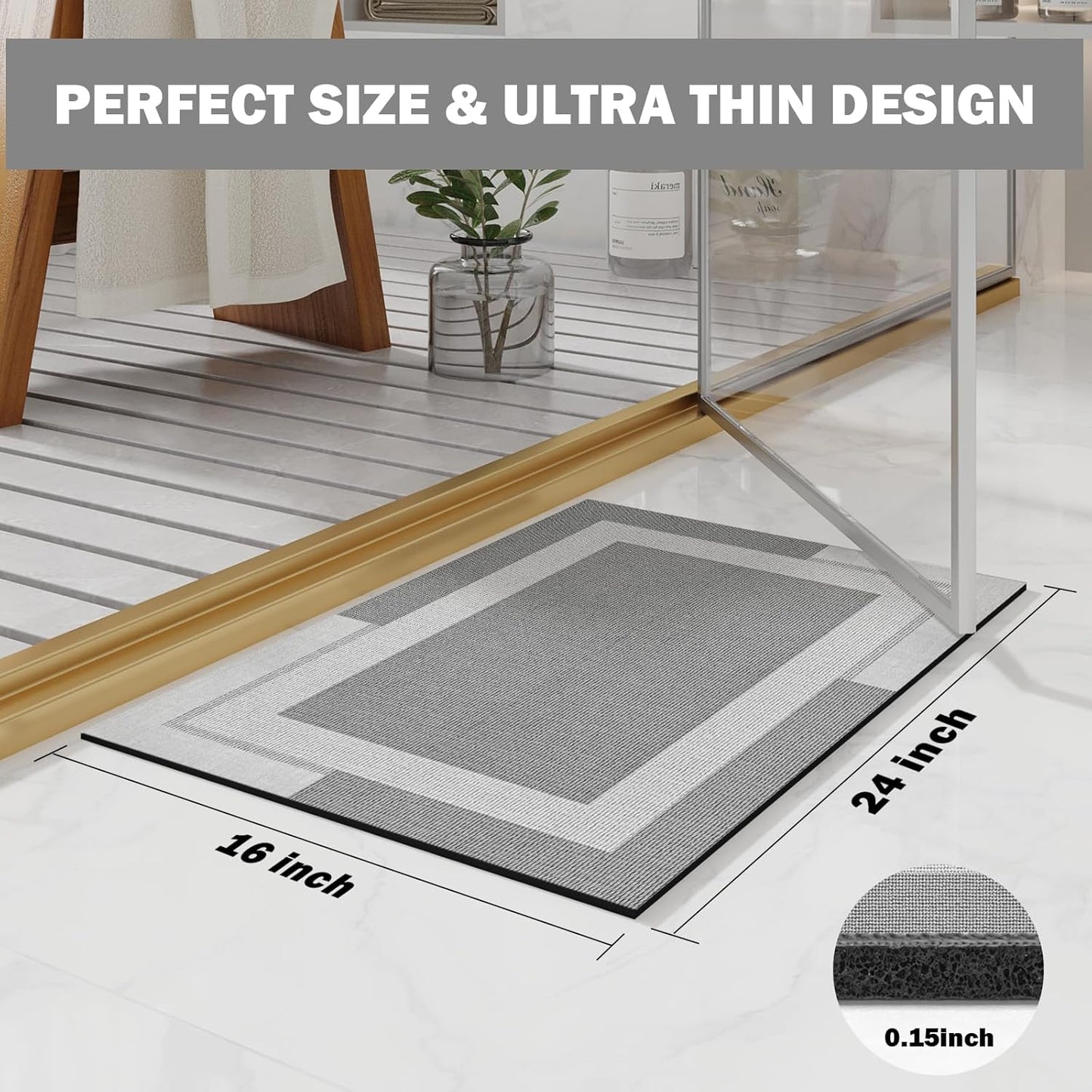 Non Slip Bath Mat, Rubber Backing Ultra Thin Bathroom Rugs Fit Under Door Quick Dry Super Absorbent Washable Bath Rug Shower Mat for Bathroom Floor Bathtub Shower Sink, Easy Care Gray 16"x 24"