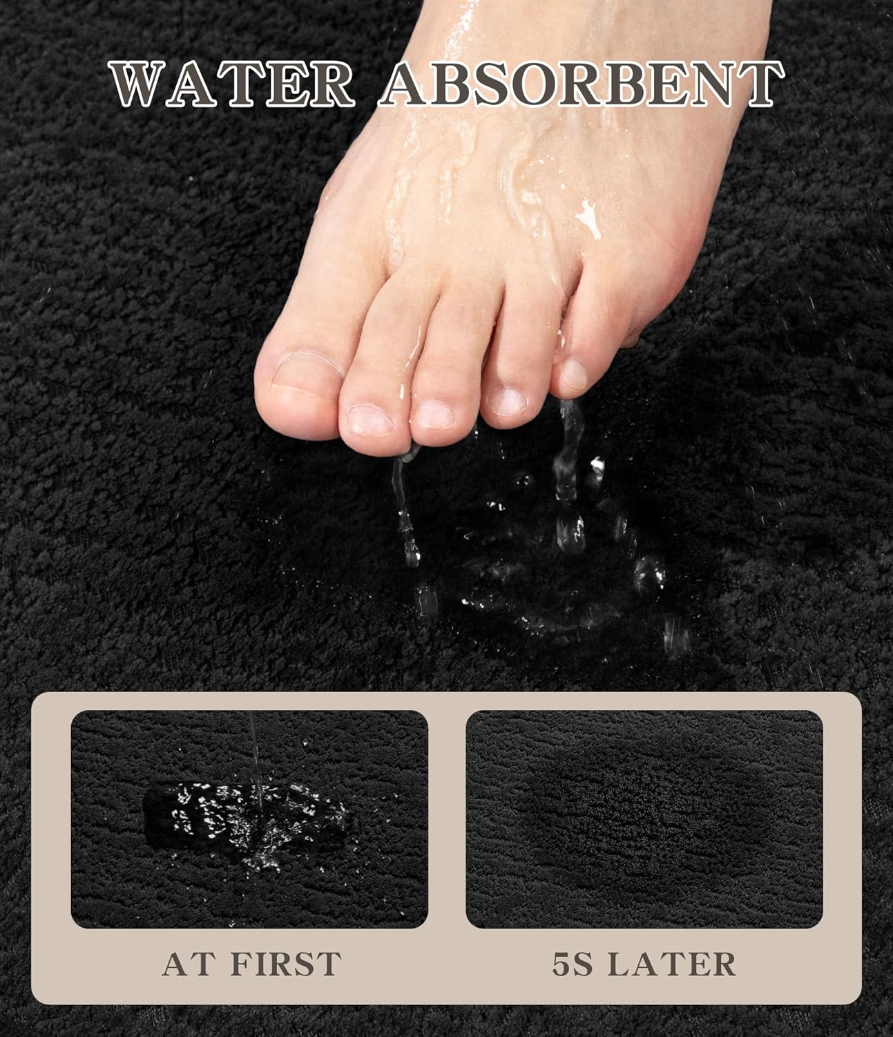 chakme Bathroom Rug Sets 3 Piece, Ultra Thin Bath Mat Quick Dry Bath Mat, Absorbent Bath Mat for Bathroom Non Slip Machine Washable, (Black)