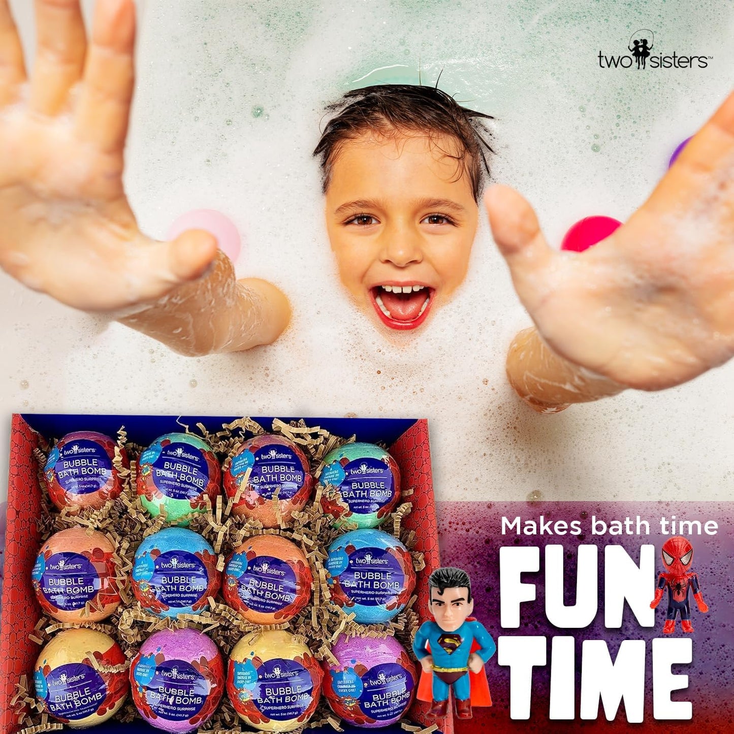 Superhero Boys Bath Bombs with Surprise Hero Toys Inside (12 Pack) - Large Bubble Bomb, Fruity Scents, Relaxing Aromas - Ideal Birthday Gift for Kids by Two Sisters