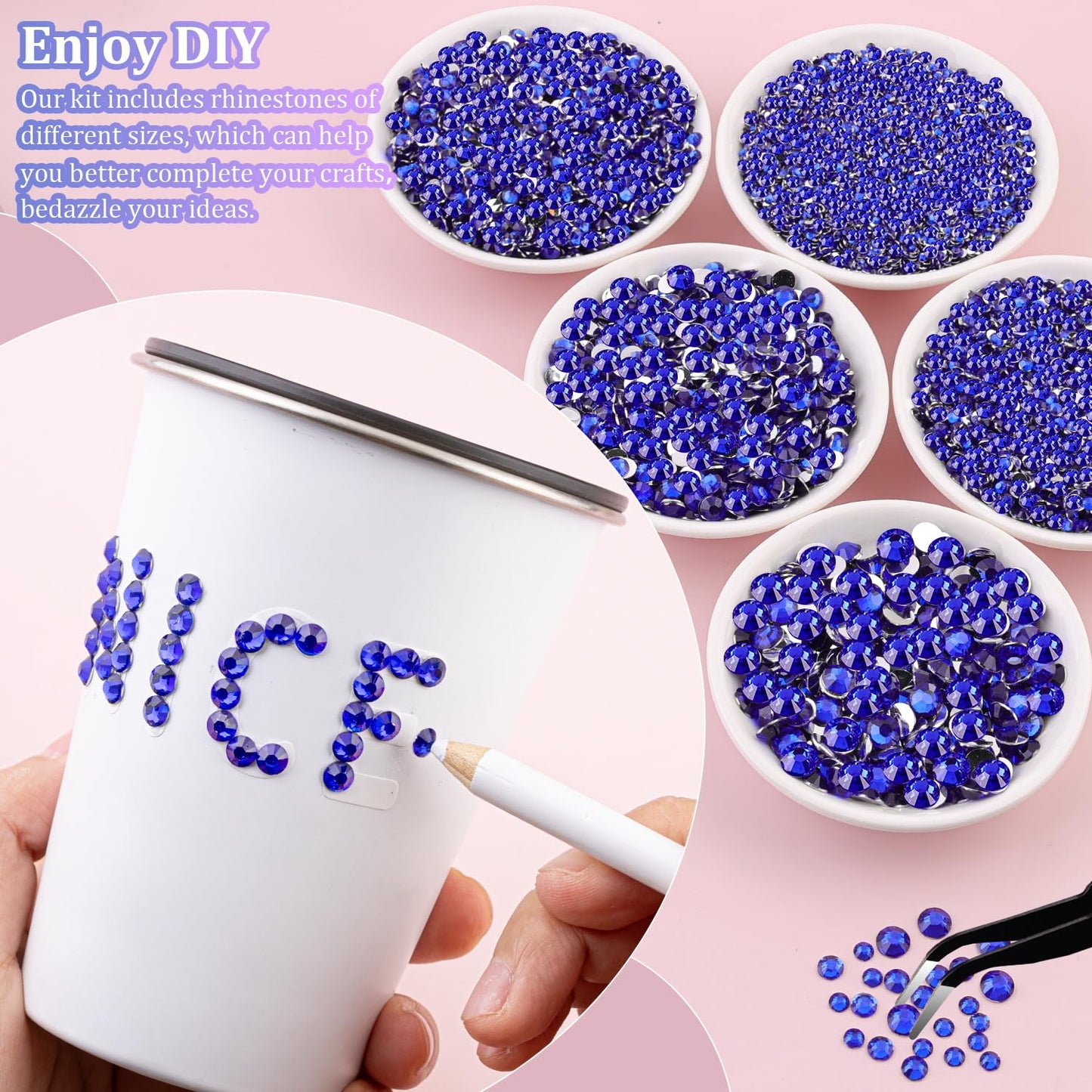 30000Pcs Resin Rhinestones with Tweezers for Crafting, Royal Blue Flatback Gems, Bedazzling Crystal with 3Pcs 10ml B7000 Jewelry Glue for DIY Crafts Clothing Tumblers Shoes Fabric Nail Art