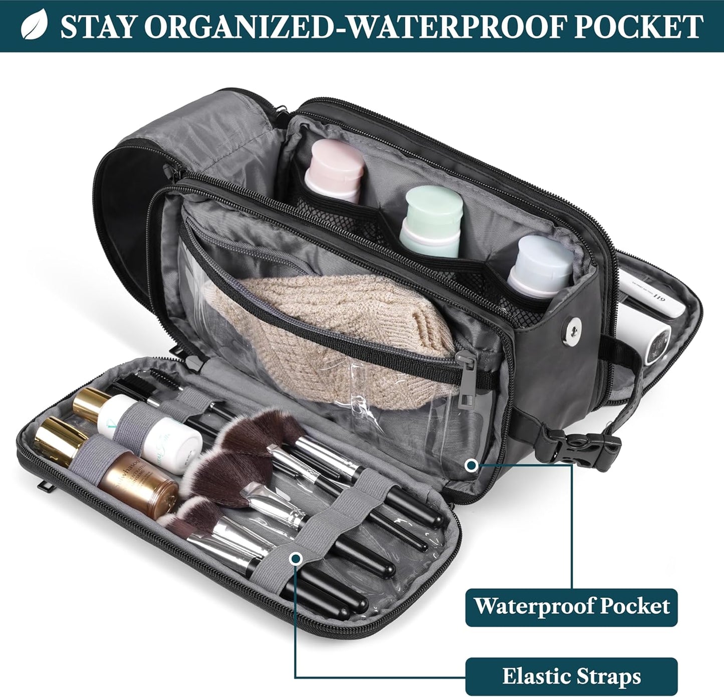 PAVILIA Toiletry Bag for Men Women, Mens Travel Bag Toiletries Organizer Case for Grooming, Travel Essentials Shaving Dopp Kit, PU Leather Water Resistant Cosmetic Pouch, Black