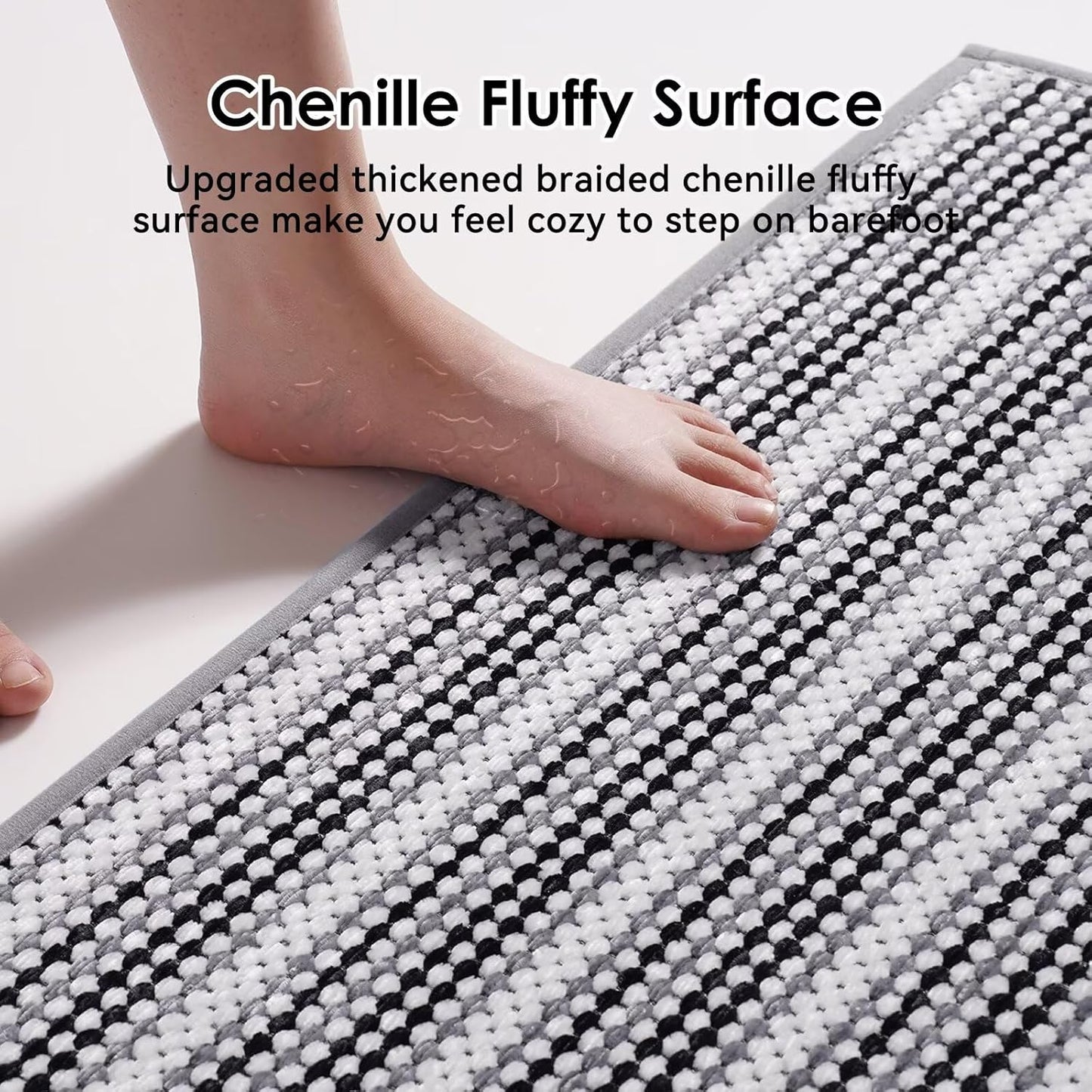 Bathroom Rugs Non Slip Washable Bath Rugs Super Absorbent Chenille Bathroom Mat Thin Bath Mats Quick Dry Bath Mat Low Pile,Black 20x31