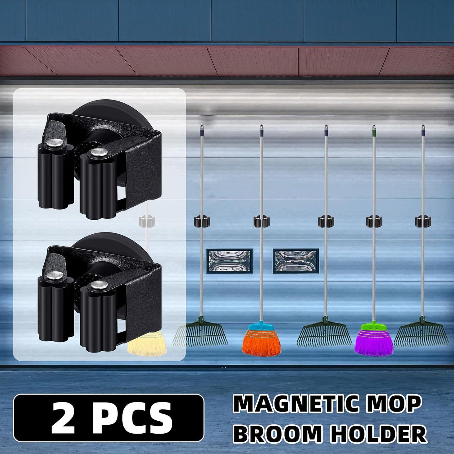 2 Pcs Magnetic Mop Broom Holder Movable Magnetic Broom Holder Rack, Anti Slip Wall Mounted Utility for Cleaning Tools, Garage, Kitchen, Laundry, Garden (Black)