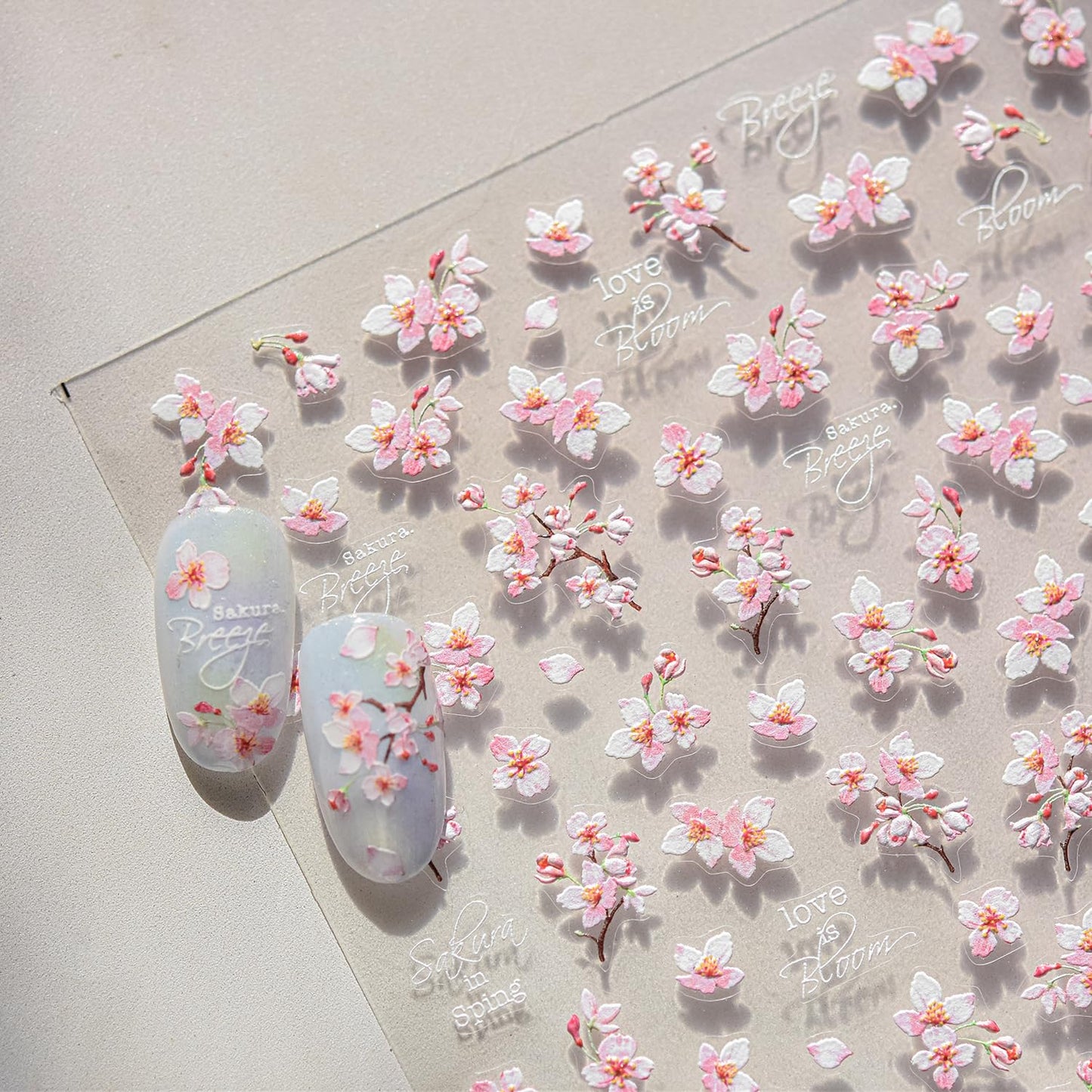 Cherry Blossoms Nail Art Stickers Pink White Flowers Nail Decals for Acrylic Nails 5D Embossed Self-Adhesive Flower Designs Nail Sticker Spring Summer Cute Floral Nail Decal for Women DIY Nail Decor