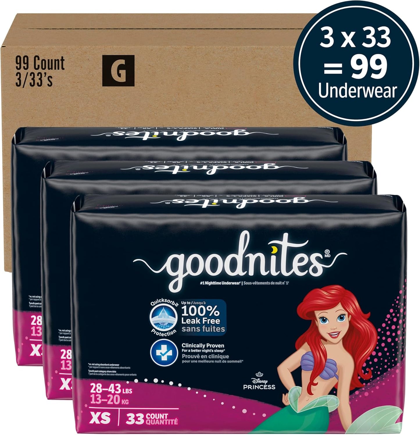 Goodnites Girls' Nighttime Bedwetting Underwear, Size Extra Small (28-43 lbs), 99 Ct, Packaging May Vary