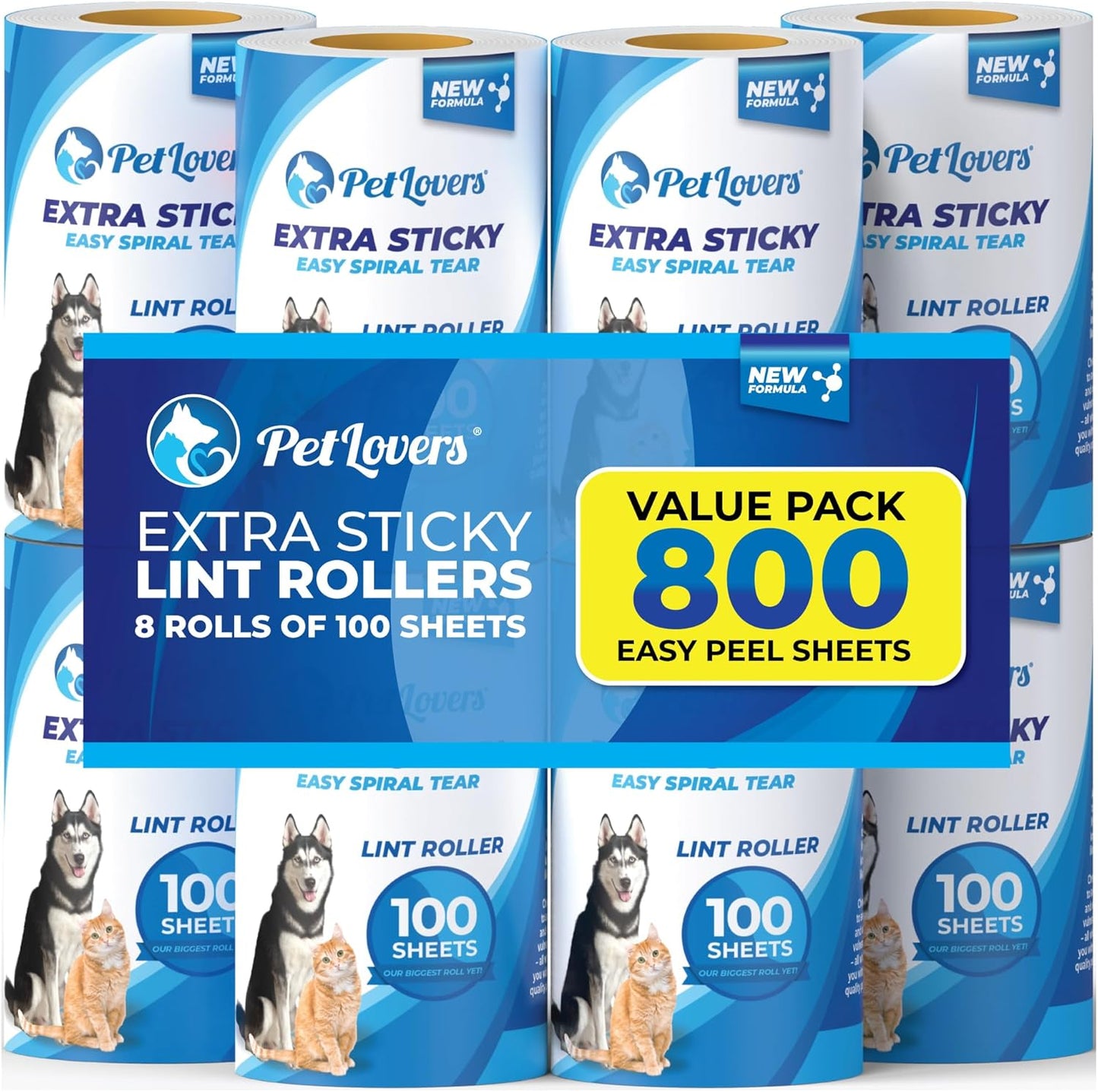 PetLovers Extra Sticky Lint Roller Mega Value Set for Pet Hair Removal, Dog and Cat Lint Remover (8 Pack Refills)