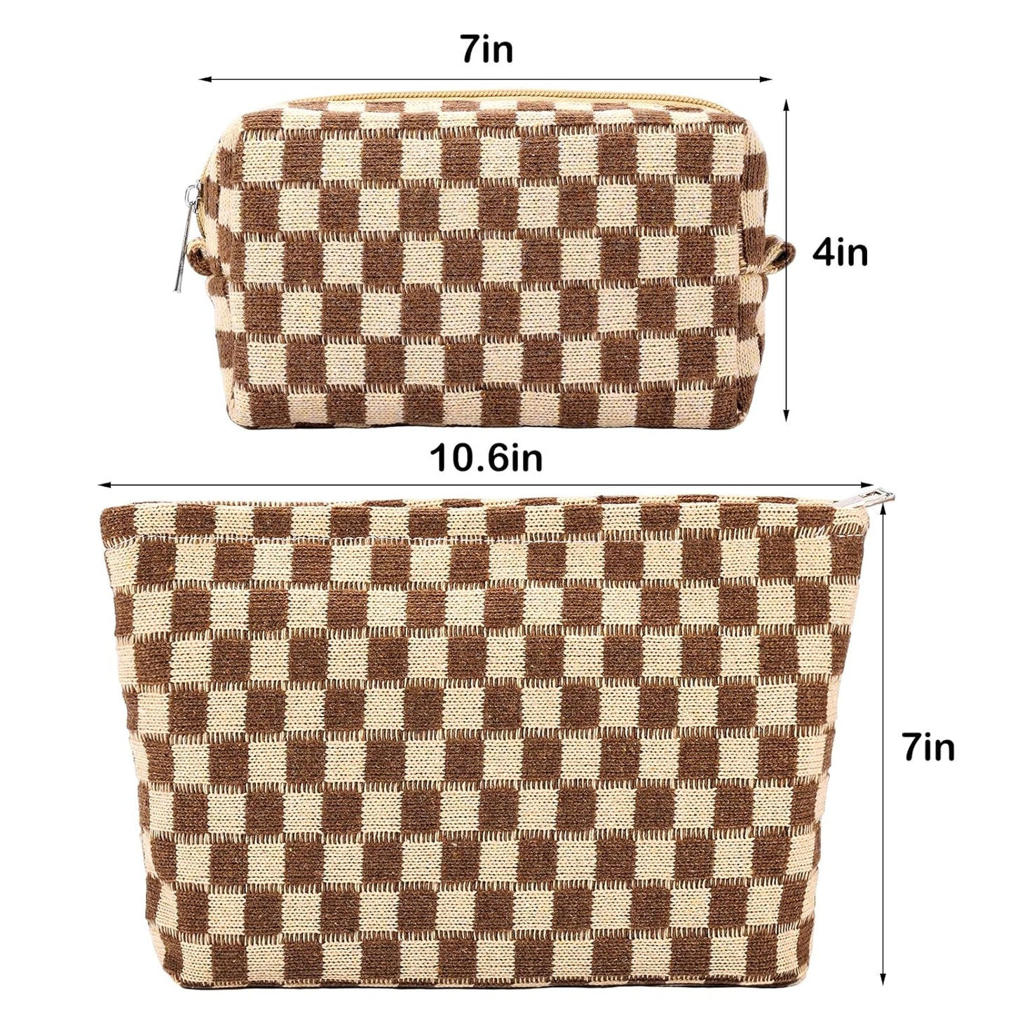 ZLFSRQ 2Pcs Checkered Makeup Bag for Women Large Small Checkered Cosmetic Bag Set Aesthetic Preppy Pencil Case Cute Pencil Pouch Brown Makeup Pouch for Purse Travel Toiletry Bags Zipper Skincare Bags