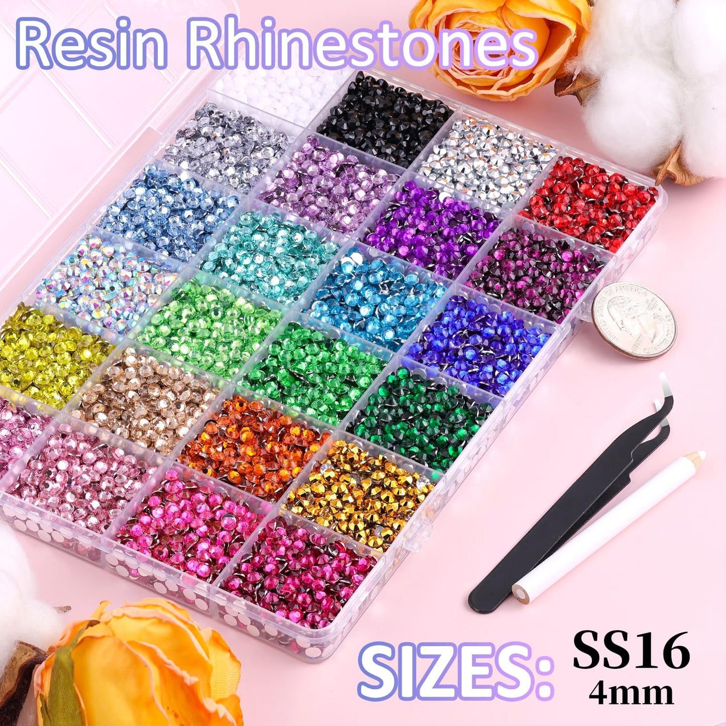 12600Pcs Resin Rhinestones for Crafting with Tweezers, Multicolor 4mm Bedazzling Crystal with 3Pcs 10ml B7000 Jewelry Glue for DIY Crafts Clothing Tumblers Shoes Fabric Nail Art