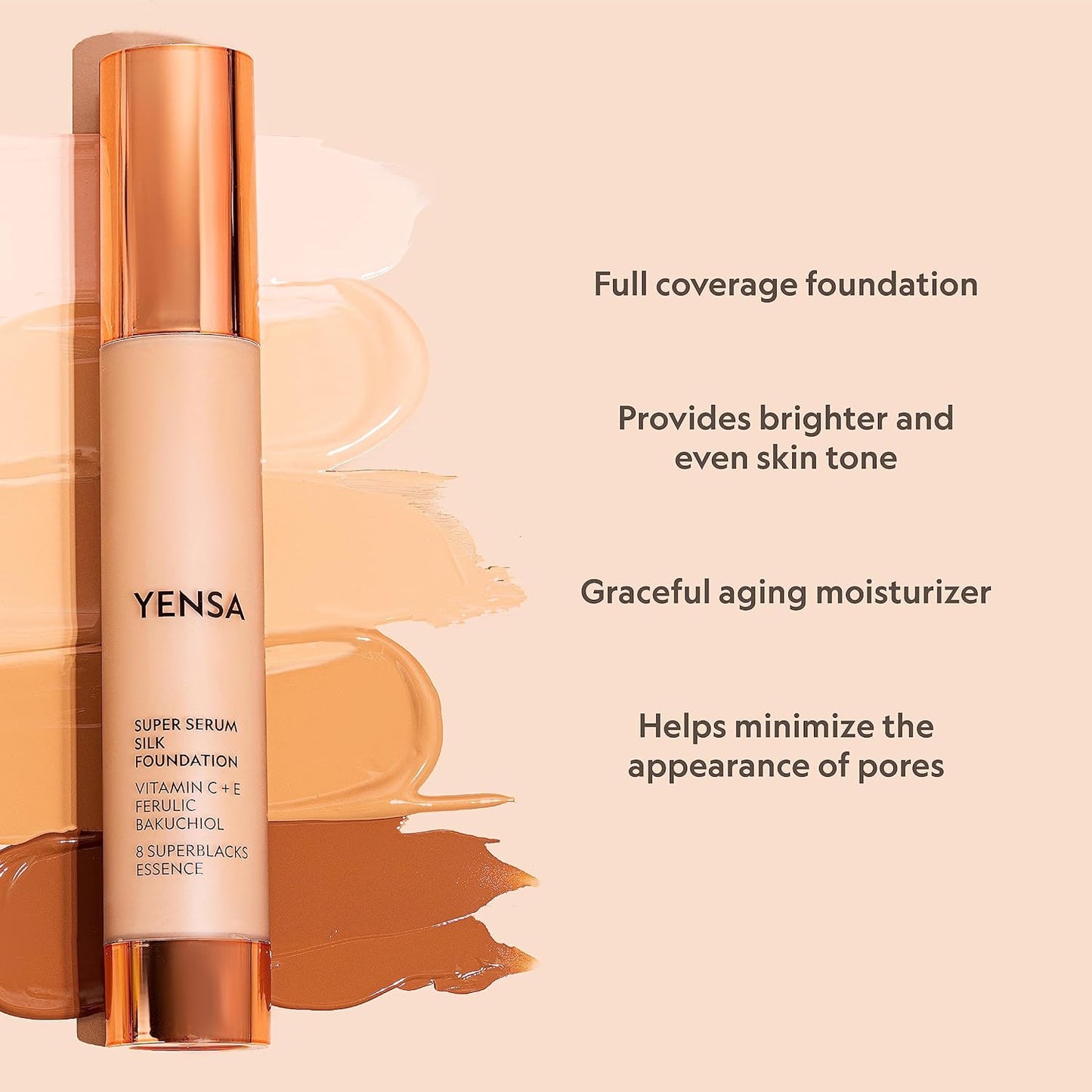 YENSA Serum Foundation Makeup - Super Silk Full Coverage Foundation Enriched with Peptides, Vitamin C & Ferulic Acid to Help Reduce Fine Lines, Wrinkles & Dark Circles - Medium 1 (1 oz)