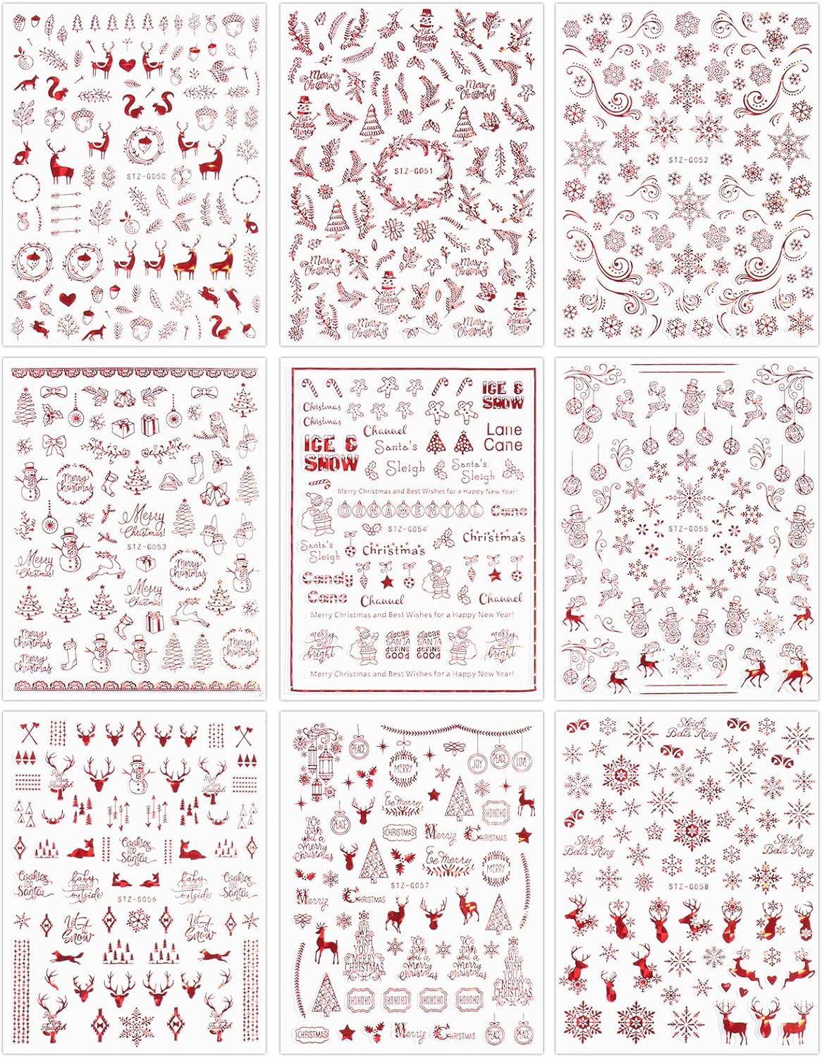 9 Sheets Christmas Nail Art Stickers Decals Self-Adhesive Pegatinas Uñas Navidad Holiday Red Xmas Snowflake Winter Nail Supplies Nail Art Design Decoration Accessories