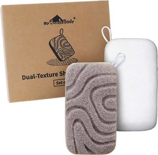 myHomeBody Dual-Texture Shower Sponge, Beauty Body Scrubber Exfoliator for Women, Exfoliating Loofah for Men, 2pc