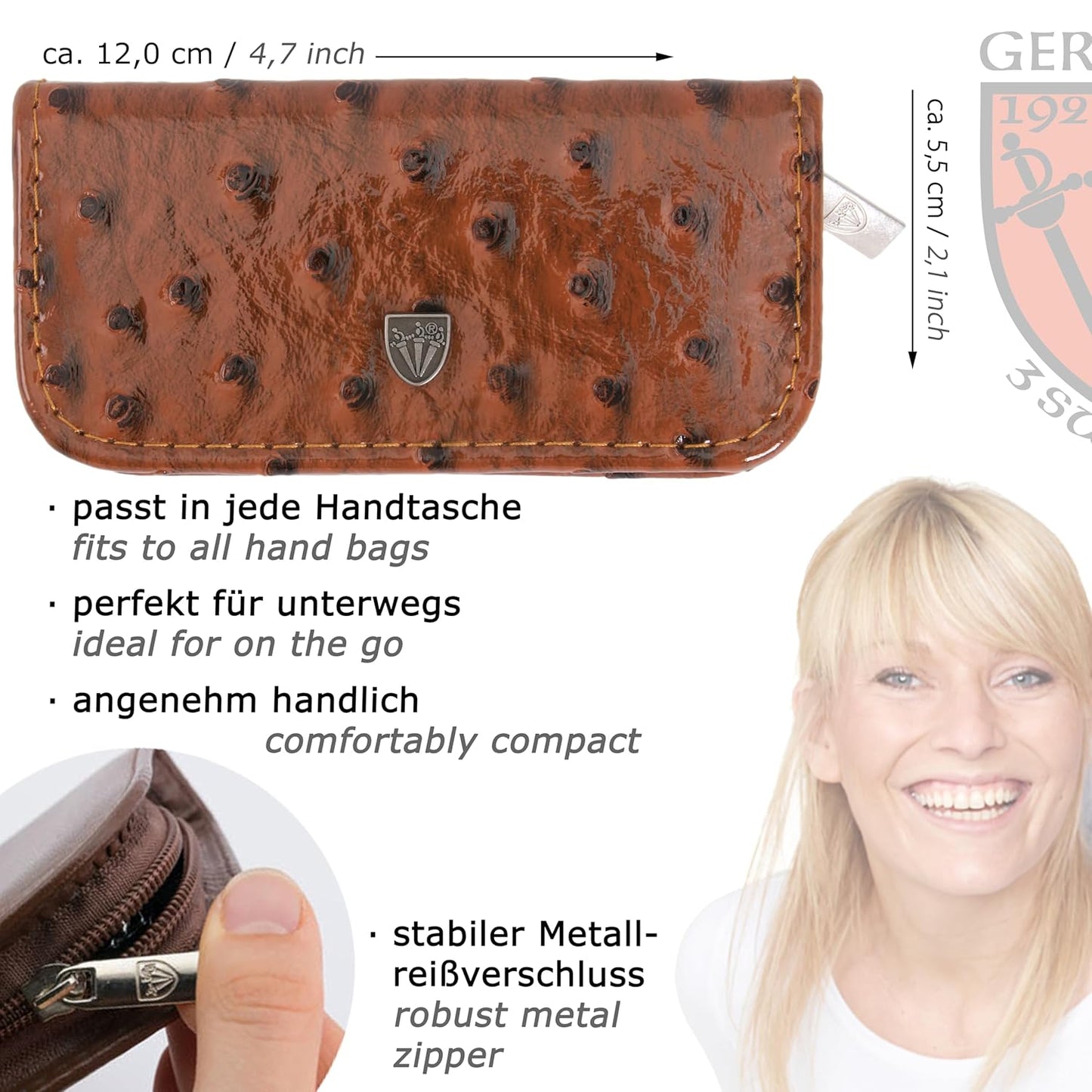 3 Swords Germany - brand quality 5 piece manicure pedicure grooming kit set with synthetic leather case ostrich cognac - Made in Germany