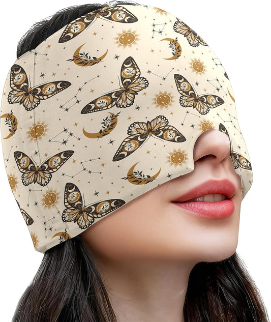 Migraine Relief Cap,Headache Relieve Cap,Beige Boho Butterfly Reusable Gel Ice Head Wrap Cap for Tension,Stress,Hangover & Puffy Eyes.