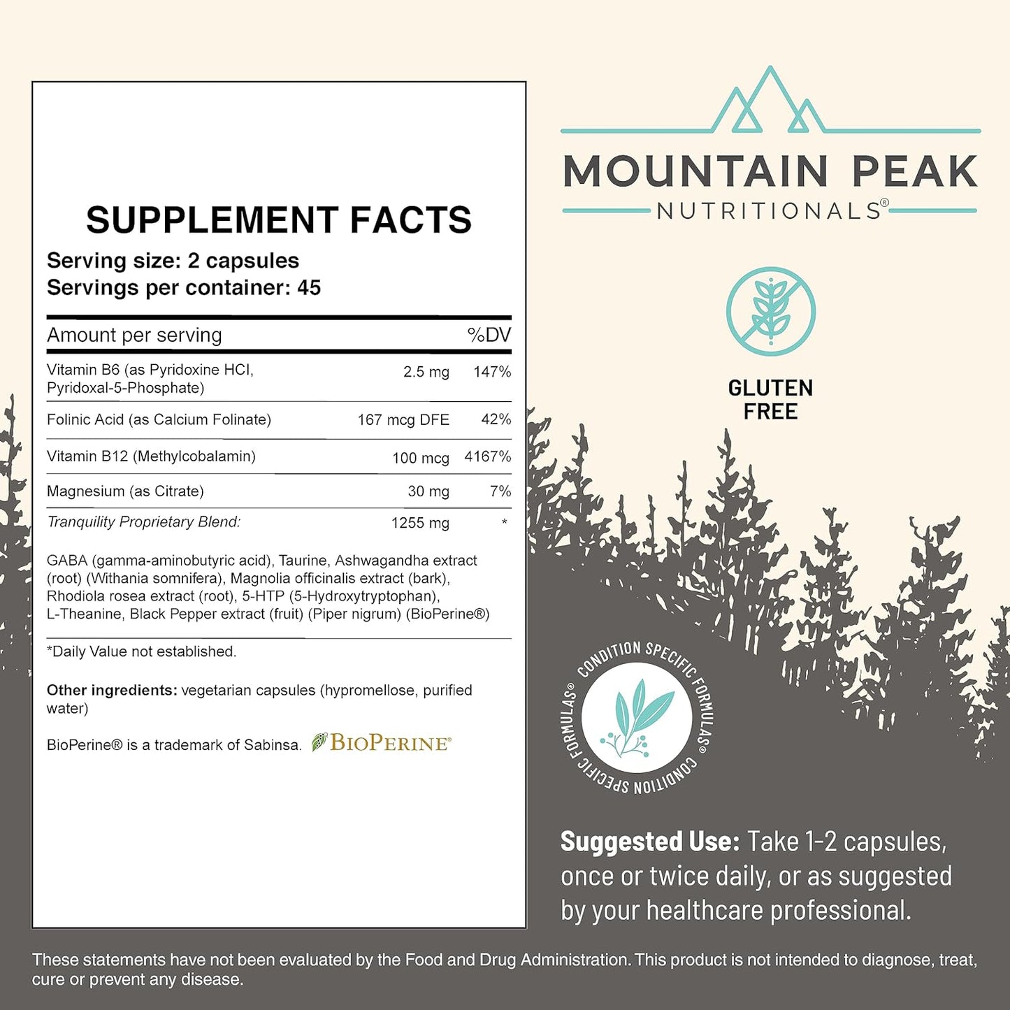 Mountain Peak Nutritionals Tranquility Formula - Supports Brain Health, Sleep & Stress Management - Vitamin B6, Vitamin B12 and Adaptogens - Hypoallergenic Dietary Supplement (90 Vegetarian Capsules)
