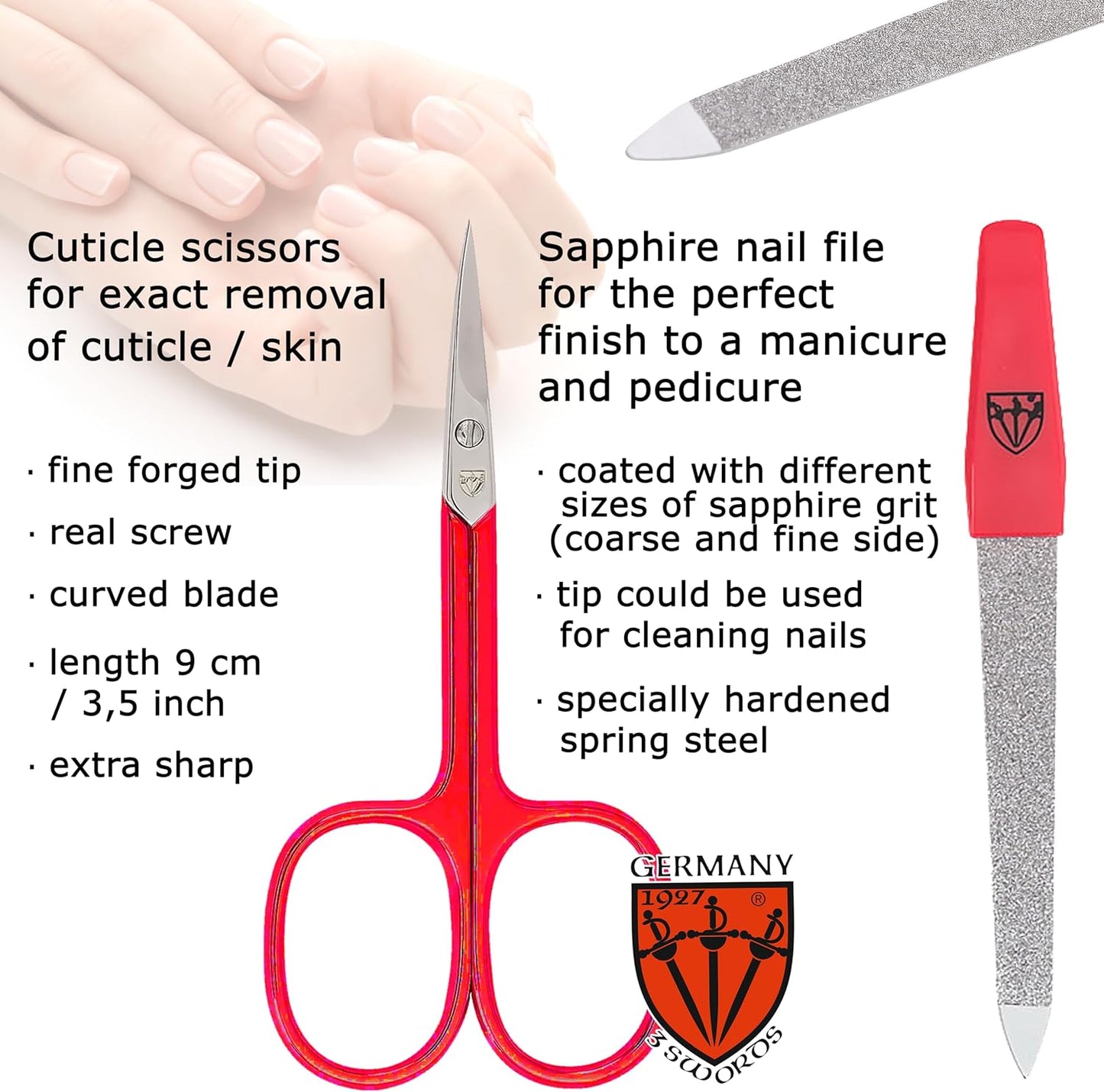 3 Swords Germany - Brand Quality 6 Piece Manicure Pedicure Grooming kit Set - Scissors, Metal and Glass Nail File, Clipper, Tweezers with Synthetic Leather case - red/red Tools