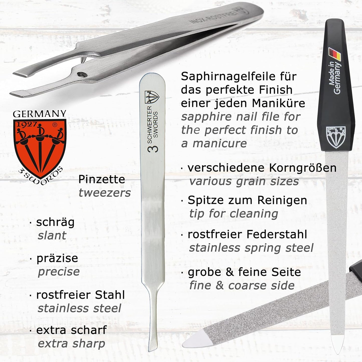 3 Swords Germany - brand quality 5 piece manicure pedicure grooming kit set for professional finger & toe nail care scissors clipper fashion leather case in gift box, Made by 3 Swords (00804)