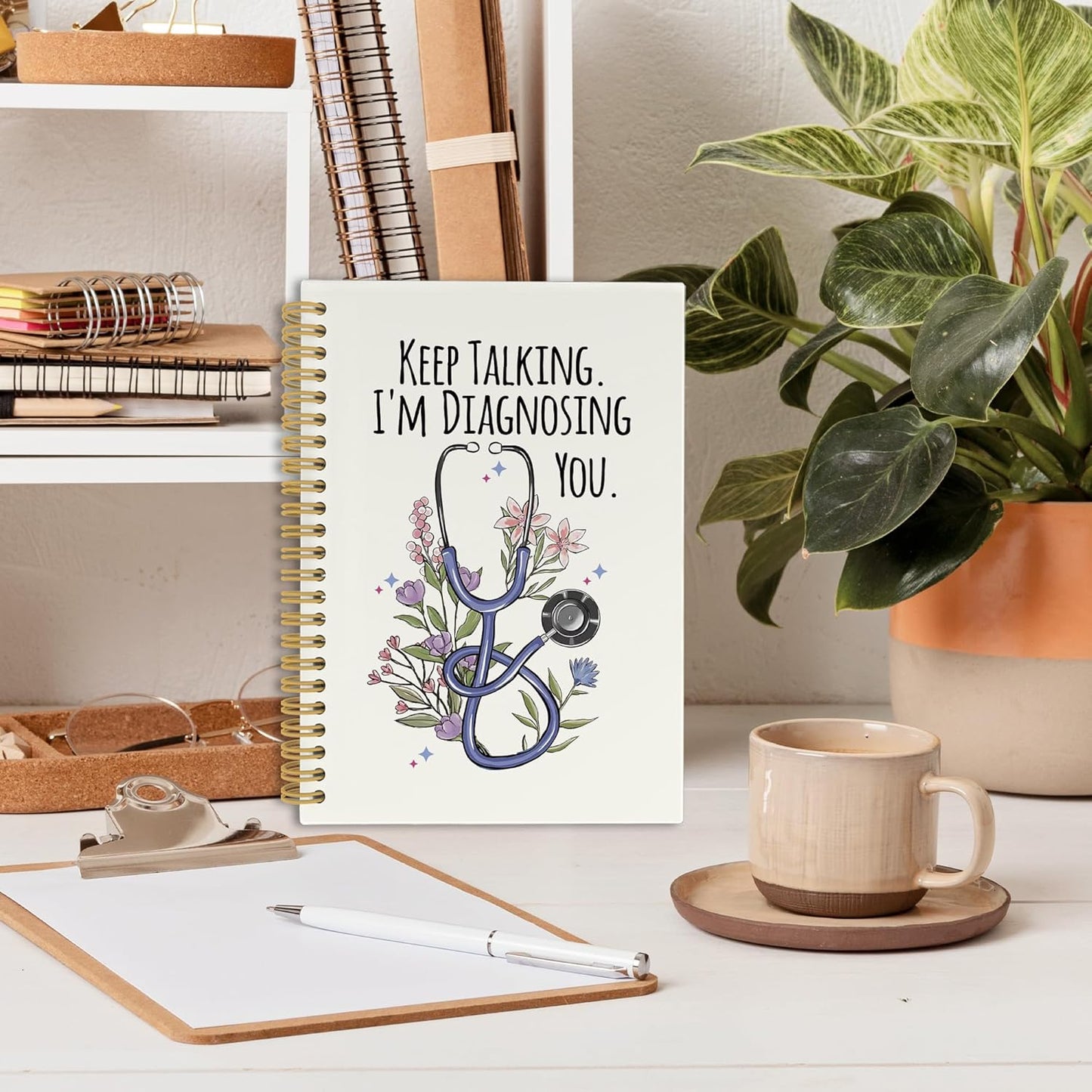 CUANFDDSF Therapist Gifts Notebook, Therapy Journal Notebooks for Women, SLP Speech Therapy Gifts,Writing Pads,Keep Talking I'm Diagnosing You Stethoscope Floral Hardcover Spiral Notebook 5.5x8.3 Inch